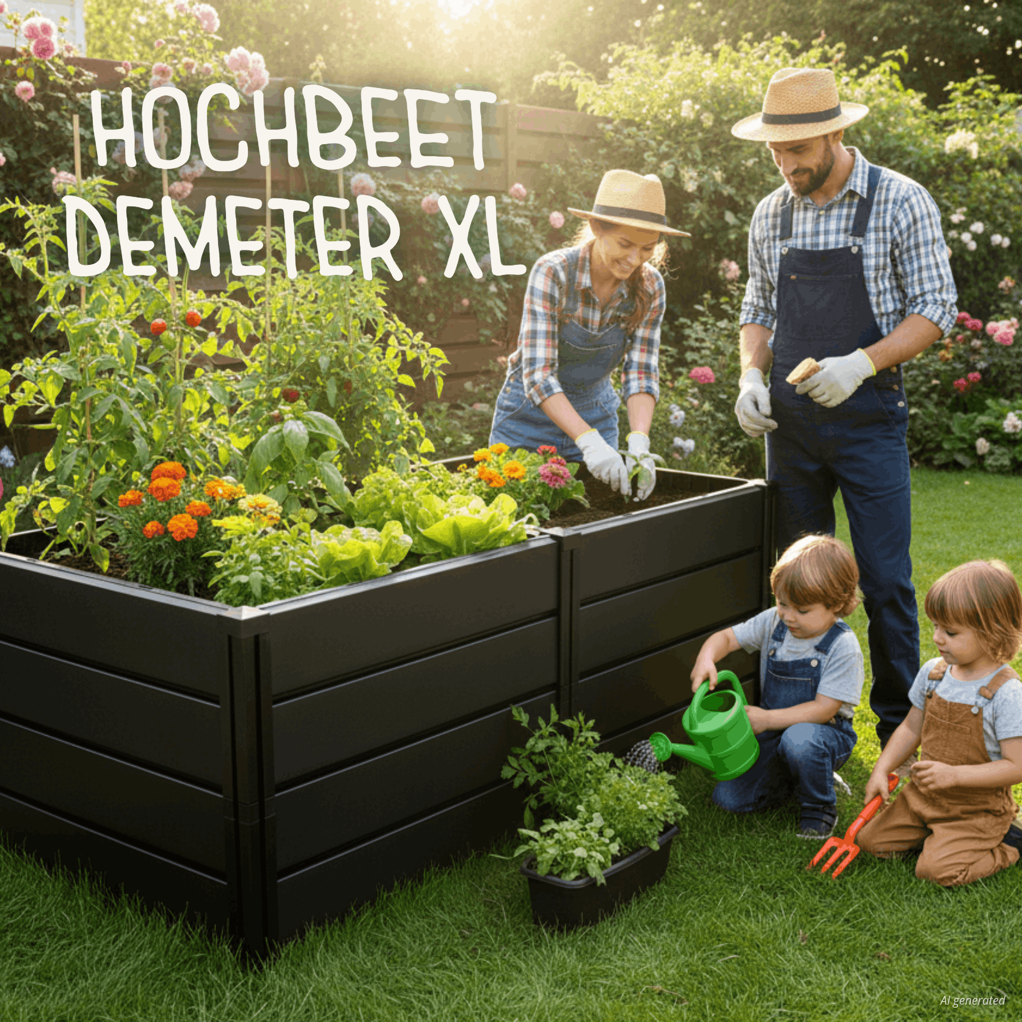 Hochbeet Demeter XL im Garten mit Familie beim Bepflanzen – Eltern und Kinder pflanzen und gießen gemeinsam frisches Gemüse.