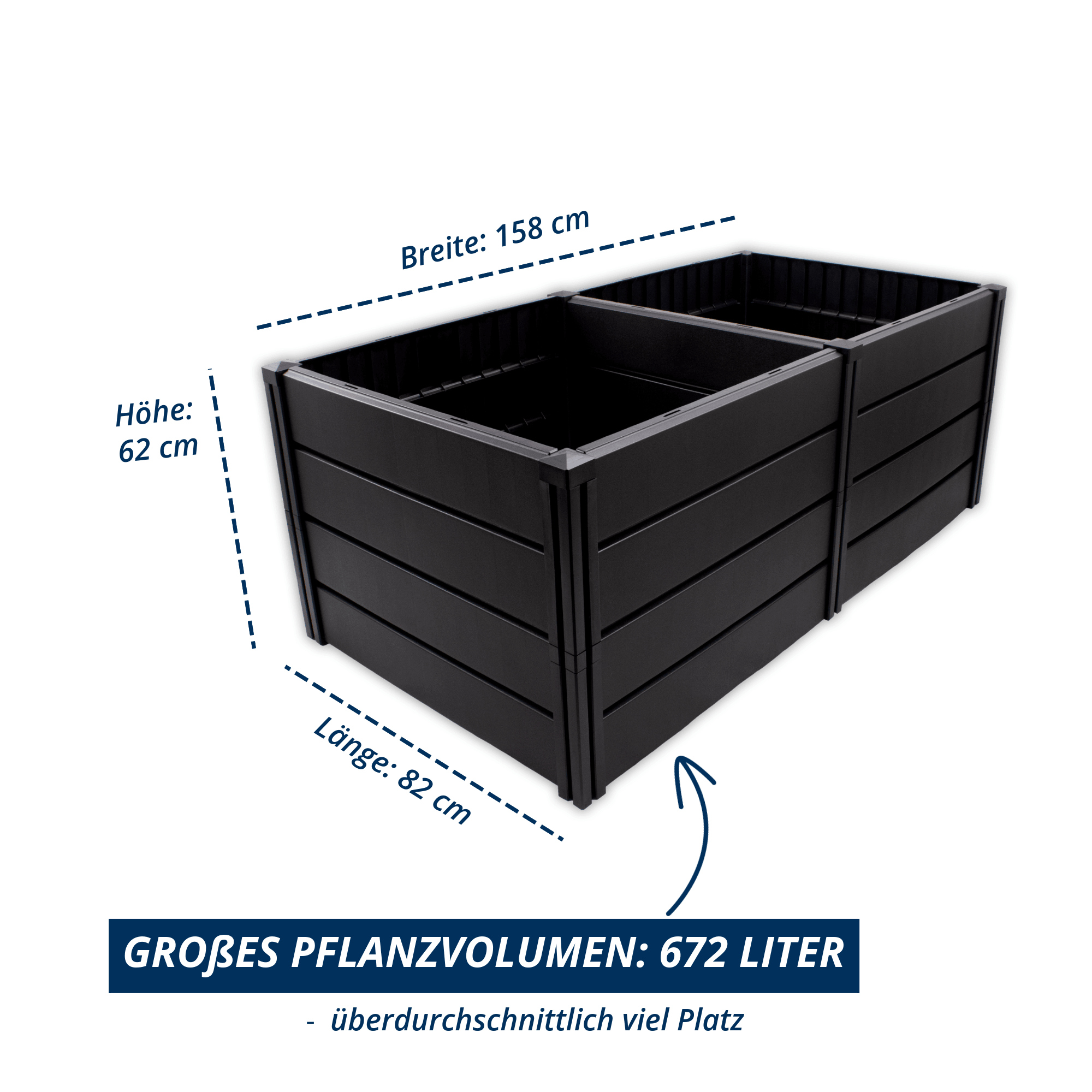 Hochbeet Demeter XL mit Maßangaben: 158 cm Breite, 82 cm Länge, 62 cm Höhe und 672 Liter Pflanzvolumen.