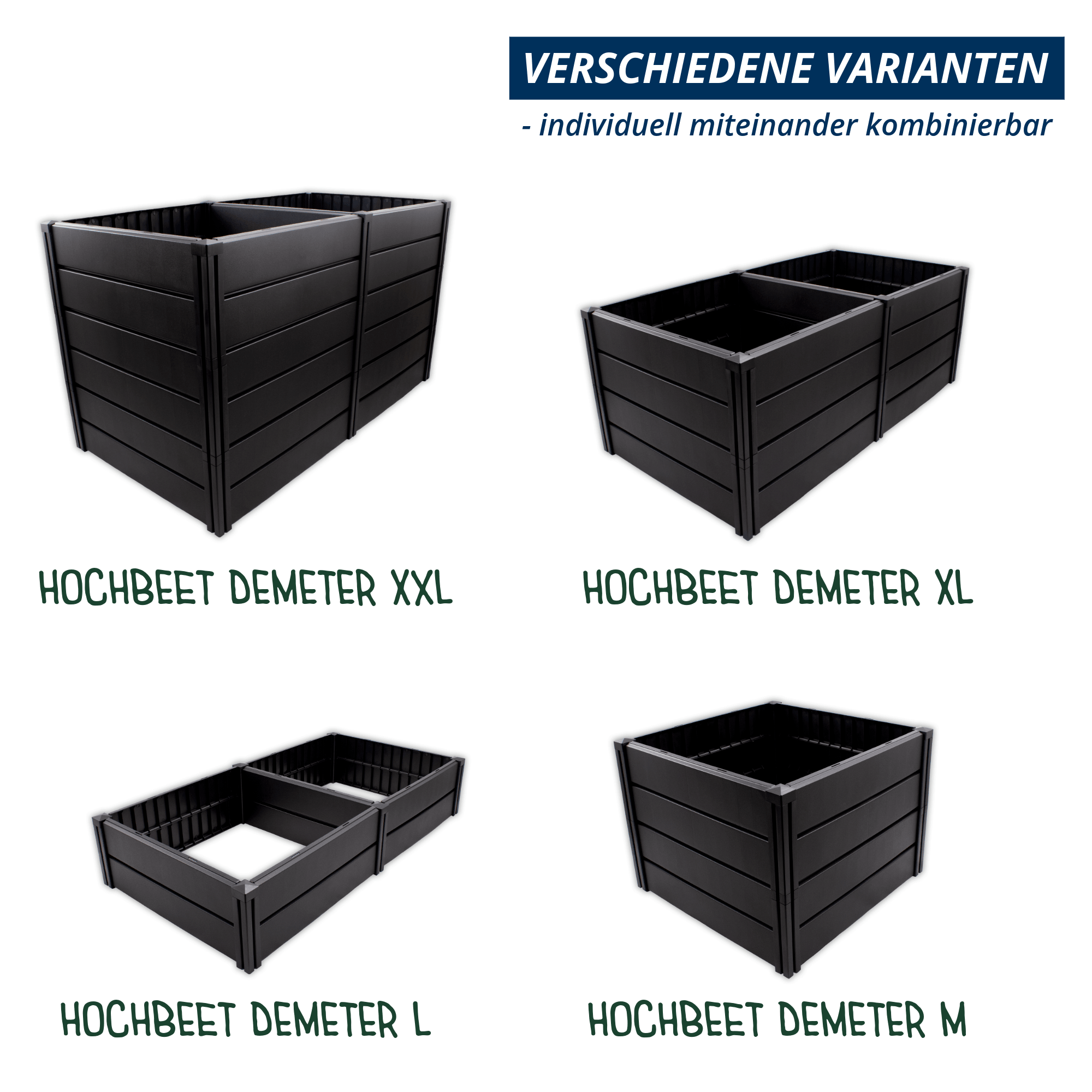 Übersicht der Hochbeet Demeter Varianten XXL, XL, L und M in anthrazit – modular kombinierbar.
