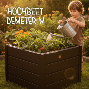 Anthrazitfarbenes Hochbeet „Demeter M“ im Garten, bepflanzt mit Gemüse und Blumen. Ein Kind gießt die Pflanzen mit einer Metall-Gießkanne.