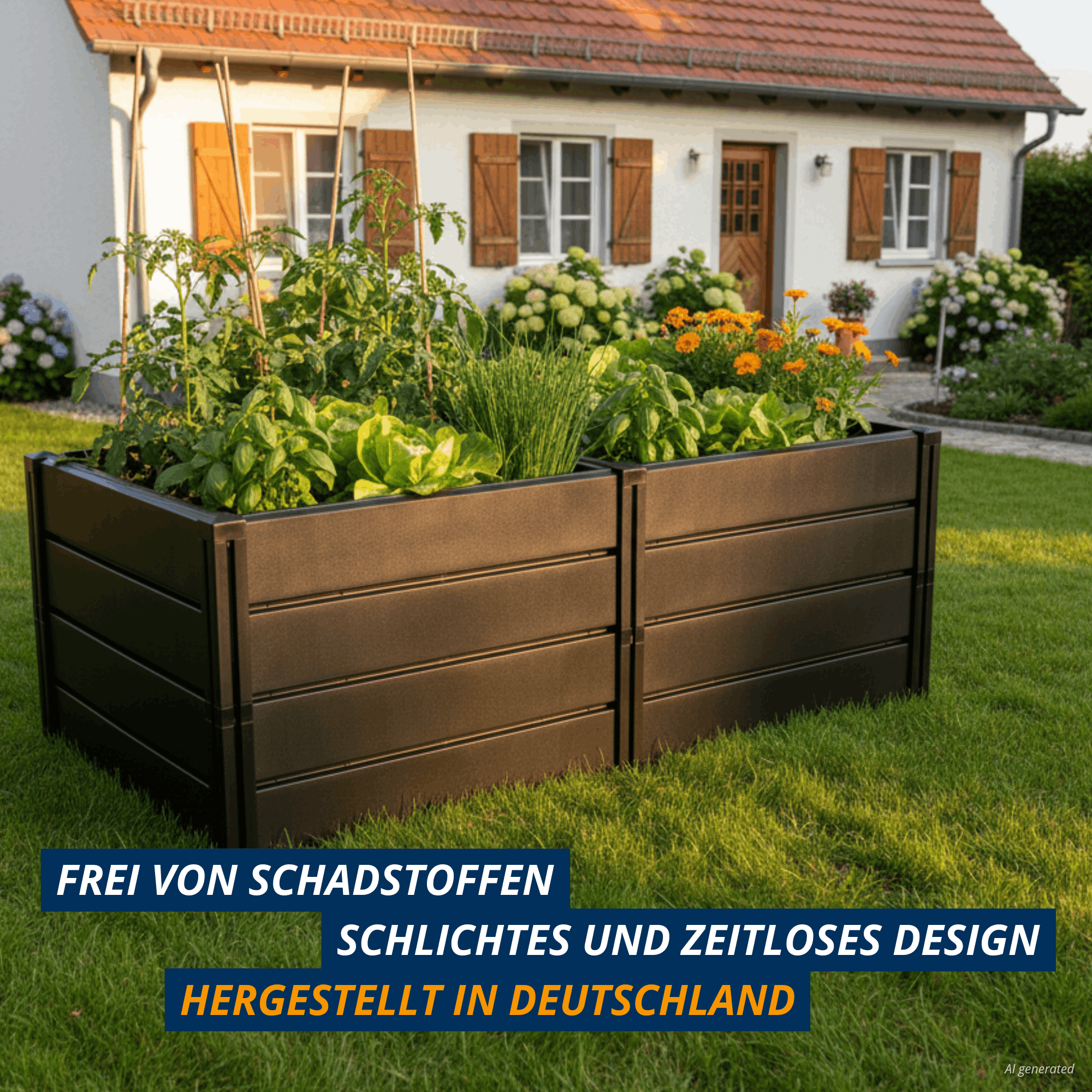 Hochbeet Demeter XL aus anthrazitfarbenem, recyceltem Kunststoff im Garten bepflanzt mit Gemüse und Blumen – modernes, zeitloses Design, hergestellt in Deutschland.