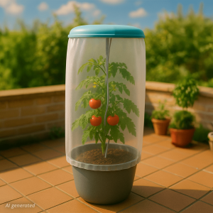 Tomatenhut mit Topf auf einer Terrasse