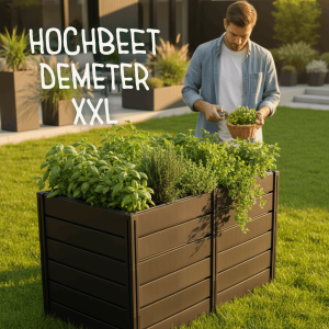 Bepflanztes Hochbeet Demeter XXL aus anthrazitfarbenem Kunststoff im Garten, mit Kräutern und Gemüse.
