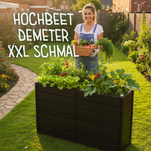Hochbeet Demeter XXL schmal aus anthrazitfarbenem Kunststoff mit Holzstruktur, bepflanzt mit Gemüse, im Garten stehend.