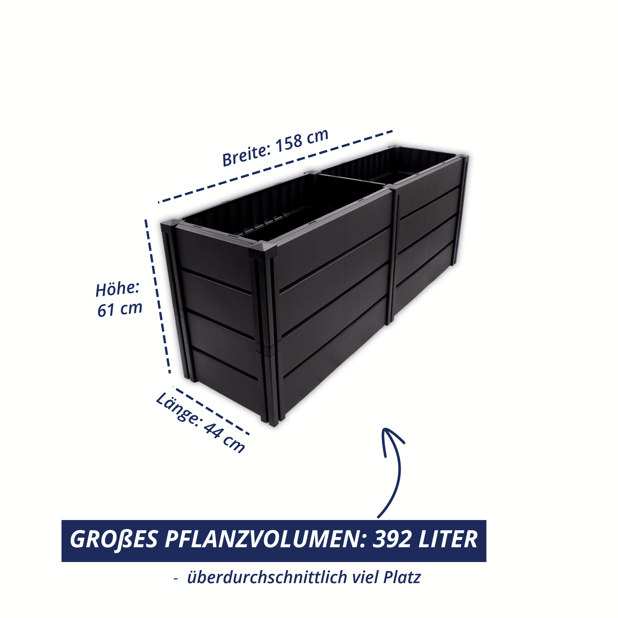 Hochbeet Demeter XL schmal mit den Maßen 158 Zentimeter Breite, 44 Zentimeter Tiefe und 61 Zentimeter Höhe, Pflanzvolumen 392 Liter.
