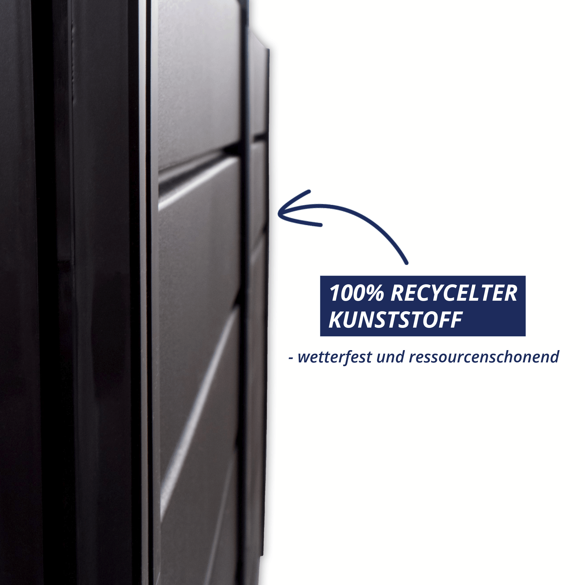 Detailaufnahme der Seitenwand des Hochbeets Demeter L mit Hinweis auf 100 % recycelten, wetterfesten Kunststoff.