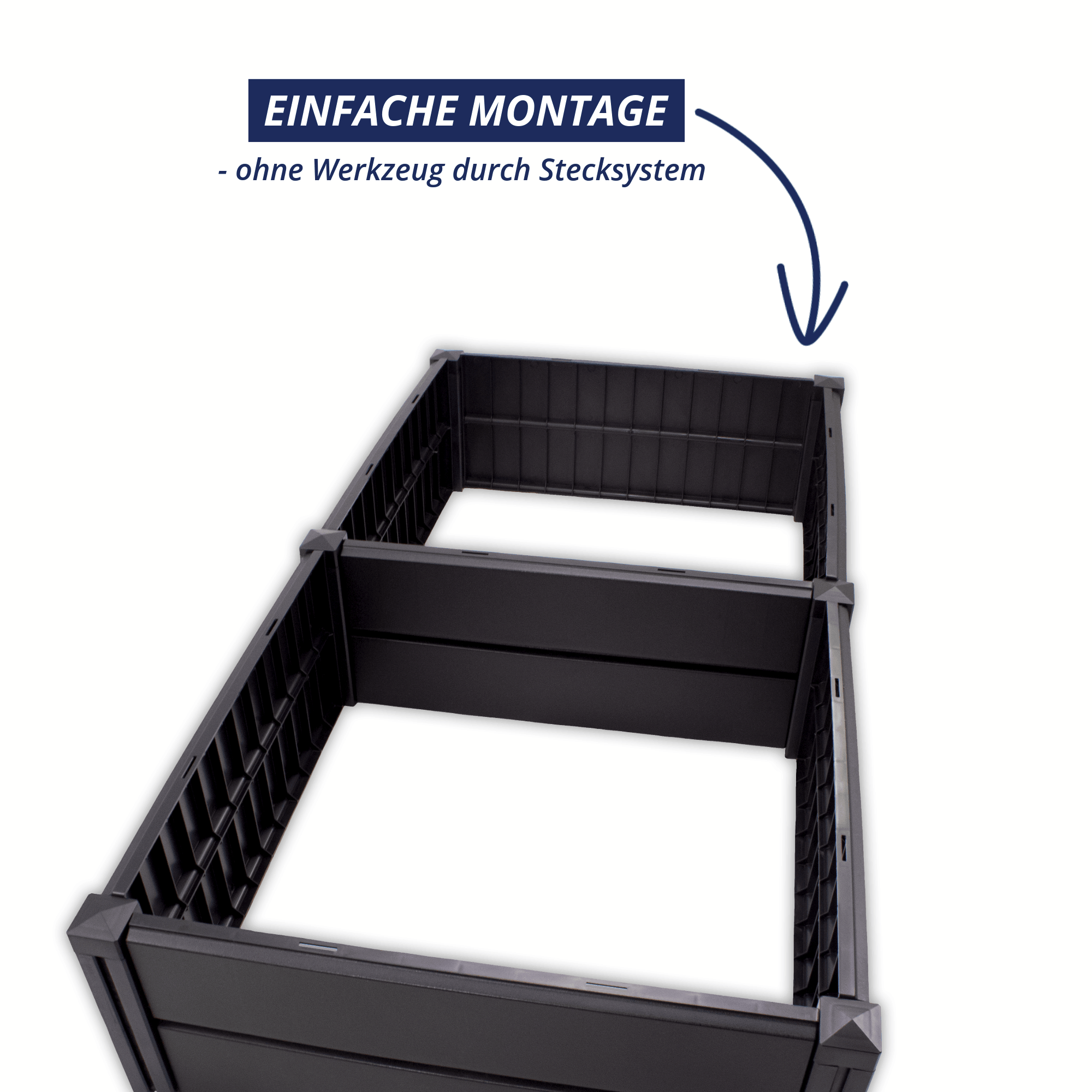 Hochbeet Demeter L im Aufbau; Stecksystem zur werkzeuglosen Montage dargestellt.