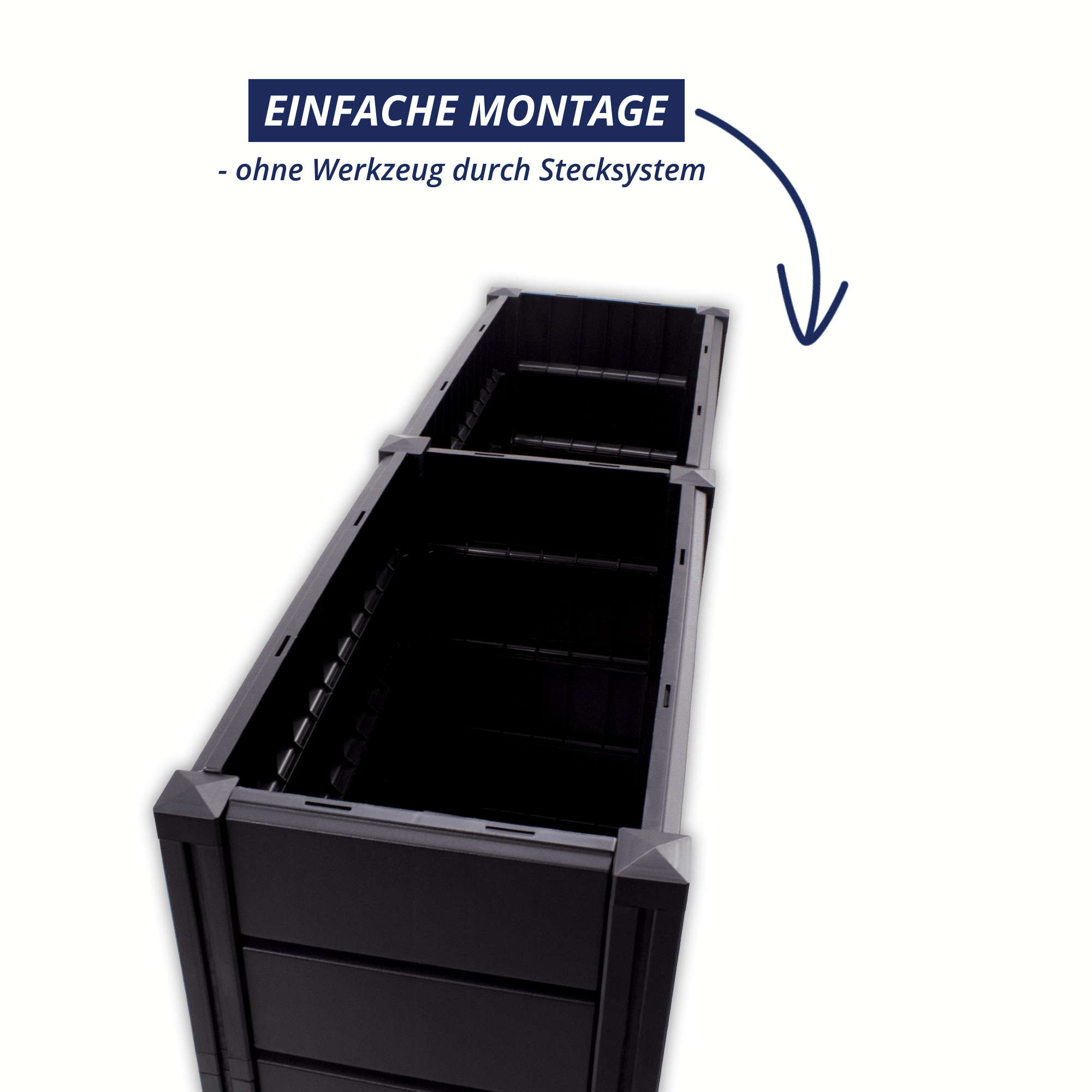 Innenansicht des Hochbeets Demeter XL schmal mit Stecksystem zur werkzeuglosen Montage, zwei getrennte Pflanzkammern.