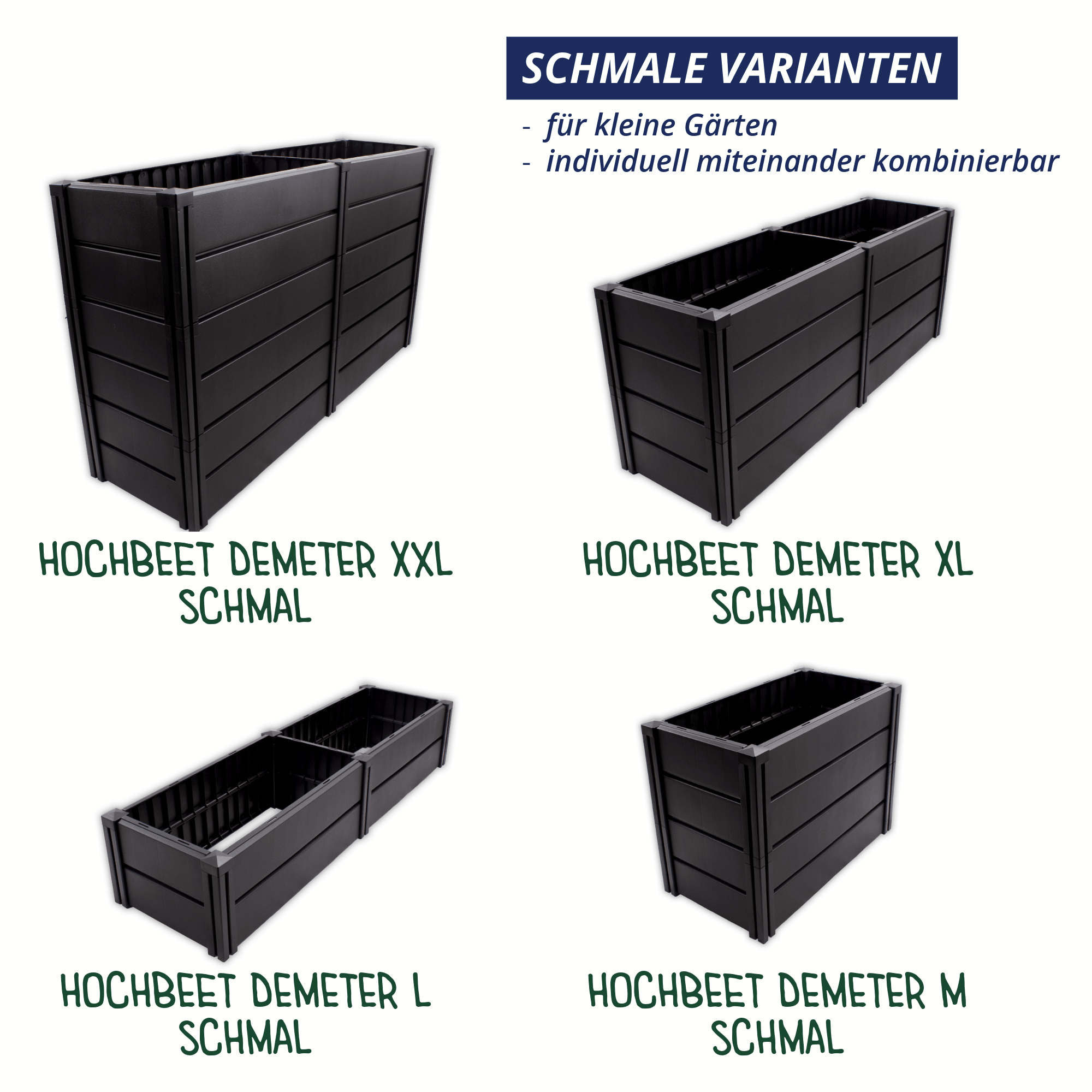 Übersicht der schmalen Modelle Demeter XXL schmal, XL schmal, L schmal und M schmal in anthrazitfarbener Kunststoffausführung.