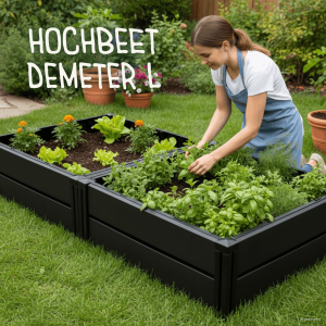 Anthrazitfarbenes Hochbeet „Demeter L“ im Garten, bepflanzt mit Salat, Kräutern und Blüten. Eine Frau erntet Kräuter neben dem Beet.