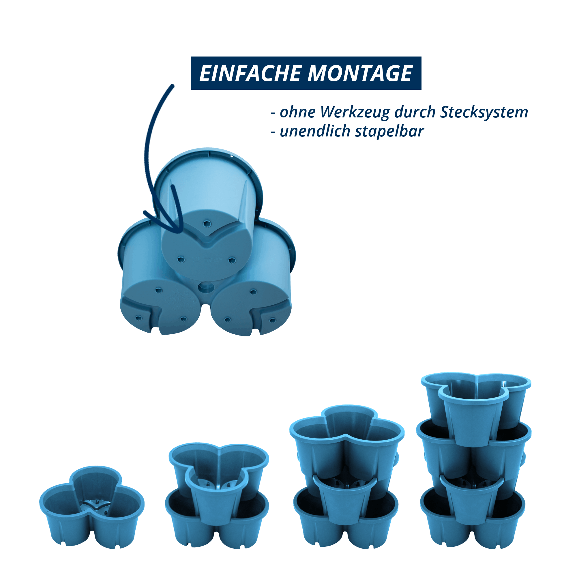 Stecksystem des Pflanzturms in Meerblau zur einfachen Montage ohne Werkzeug, mehrere Elemente stapelbar dargestellt.