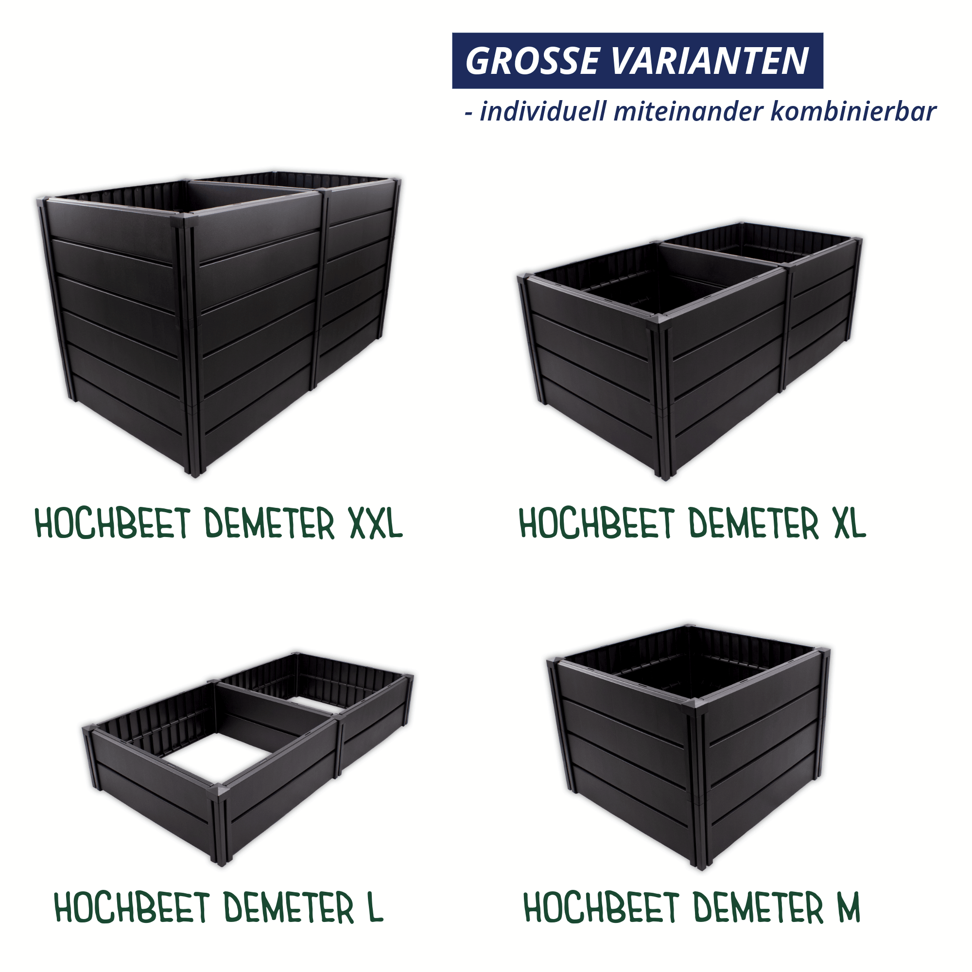 Übersicht der großen Modelle Demeter XXL, XL, L und M in quadratischer und rechteckiger Ausführung, kombinierbar.