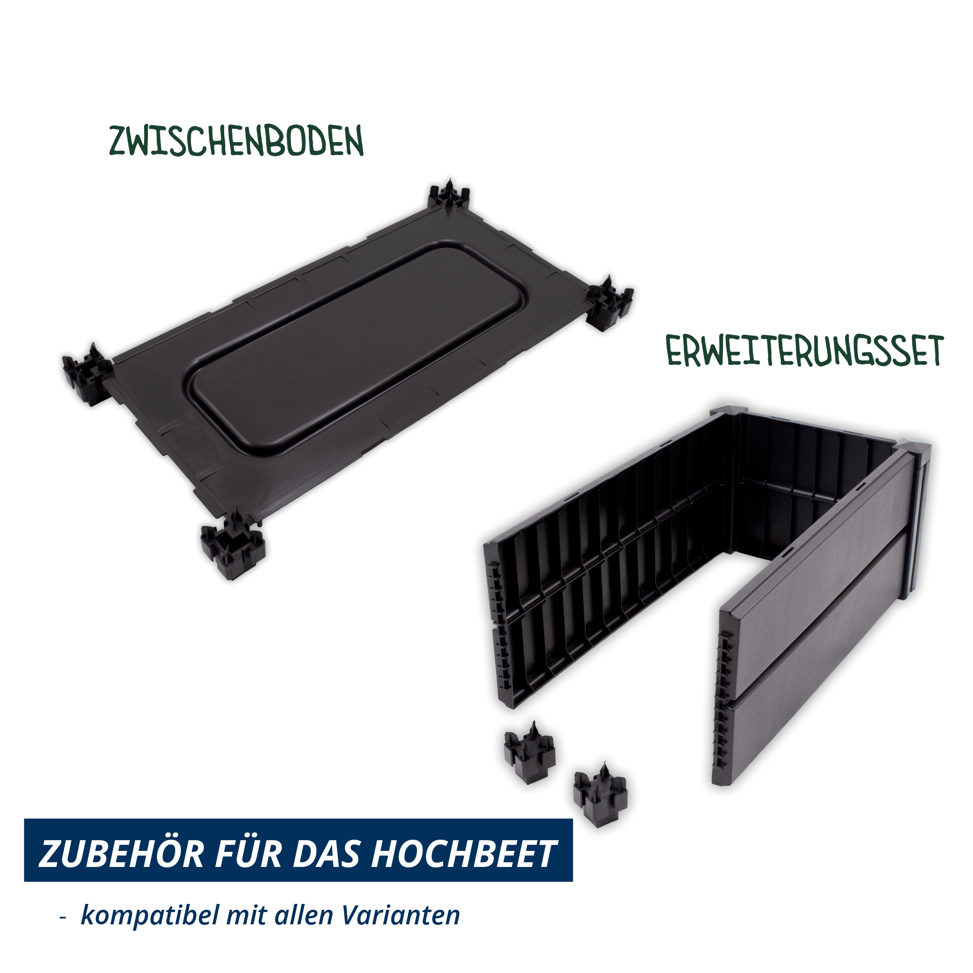 Zubehör für Hochbeet Demeter mit Zwischenboden und Erweiterungsset, passend für alle Modellvarianten.