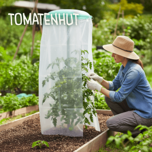Tomatenhut Gewächshaube im Hochbeet schützt Tomatenpflanze vor Regen und Kälte beim Anbau im Garten