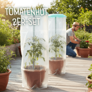 Tomatenhut 2er-Set mit zwei Tomatenpflanzen in Töpfen auf einer Terrasse, geschützt durch transparente Folienhauben mit grünem Deckel.