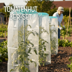 Tomatenhut 3er-Set mit drei Tomatenpflanzen im Garten, jede Pflanze steht in einem transparenten Schutzmantel mit grünem Deckel.