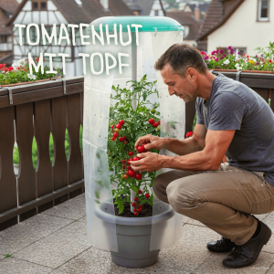 Tomatenhut mit großem Pflanztopf auf Balkon, transparente Schutzhülle mit Deckel schützt Tomatenpflanze, Mann erntet reife Tomaten.