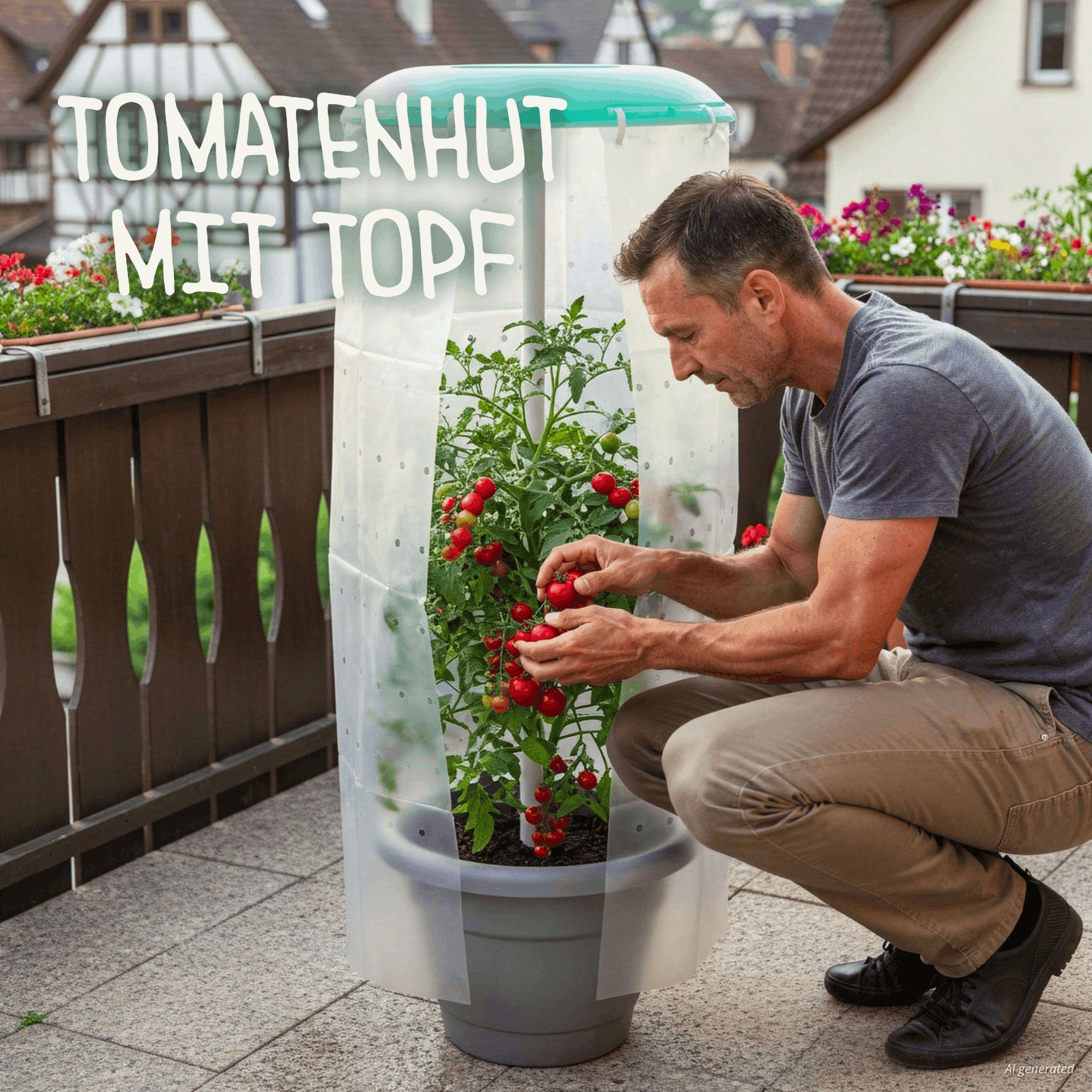 Tomatenhut mit großem Pflanztopf auf Balkon, transparente Schutzhülle mit Deckel schützt Tomatenpflanze, Mann erntet reife Tomaten.
