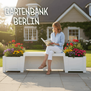 Frau sitzt auf weißer Gartenbank Berlin mit integrierten Pflanzkästen links und rechts, bepflanzt mit bunten Blumen, vor einem Einfamilienhaus im Garten.