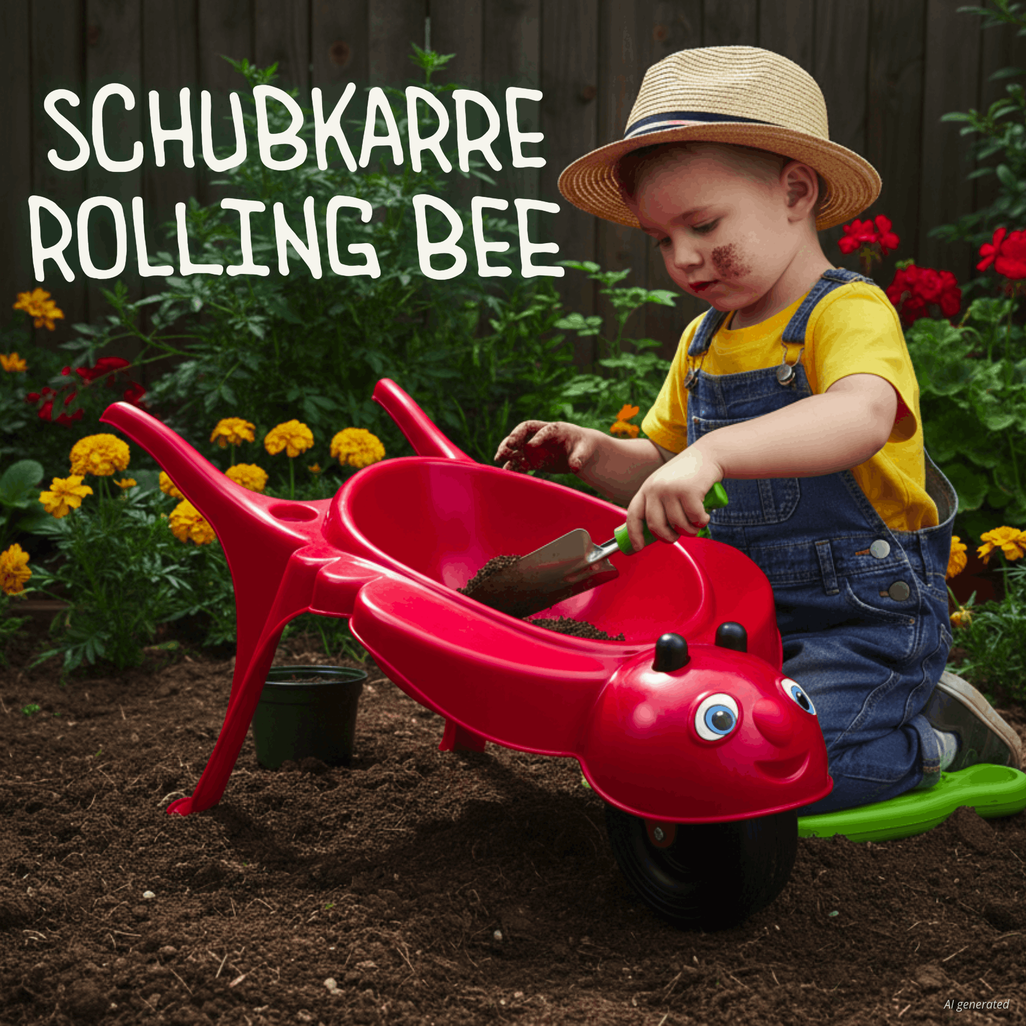 Rote Kinderschubkarre Rolling Bee im Garten, Kind spielt mit Erde in der Schubkarre.