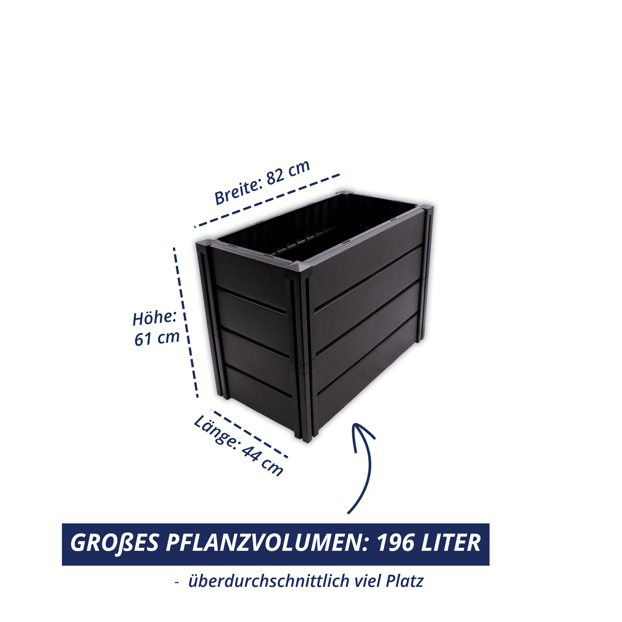 Hochbeet Demeter M schmal freigestellt mit Maßangaben: Breite 82 cm, Länge 44 cm, Höhe 61 cm und Pflanzvolumen von 196 Litern.