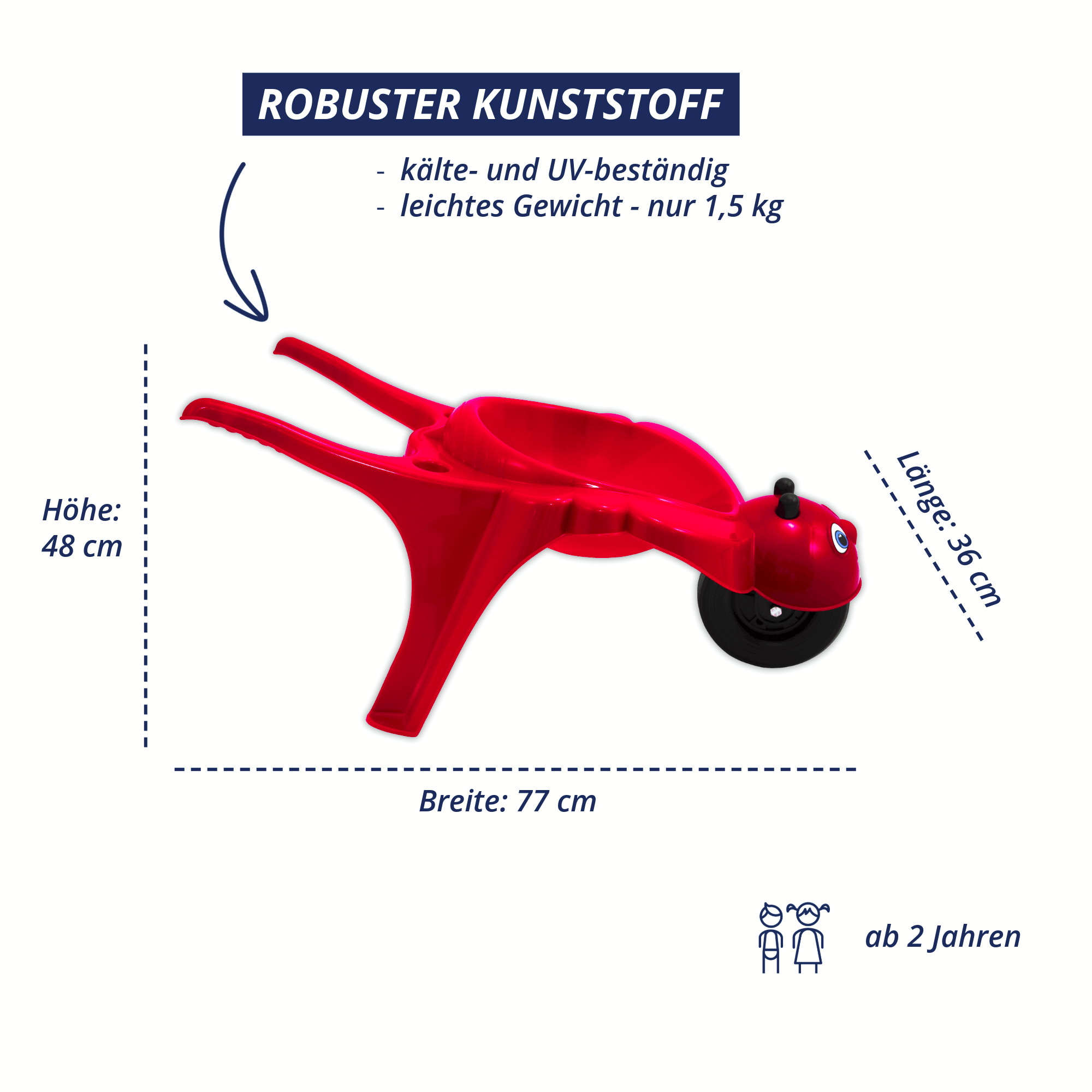 Rote Kinderschubkarre Rolling Bee mit Maßangaben, Größe und Materialhinweis robuster Kunststoff.