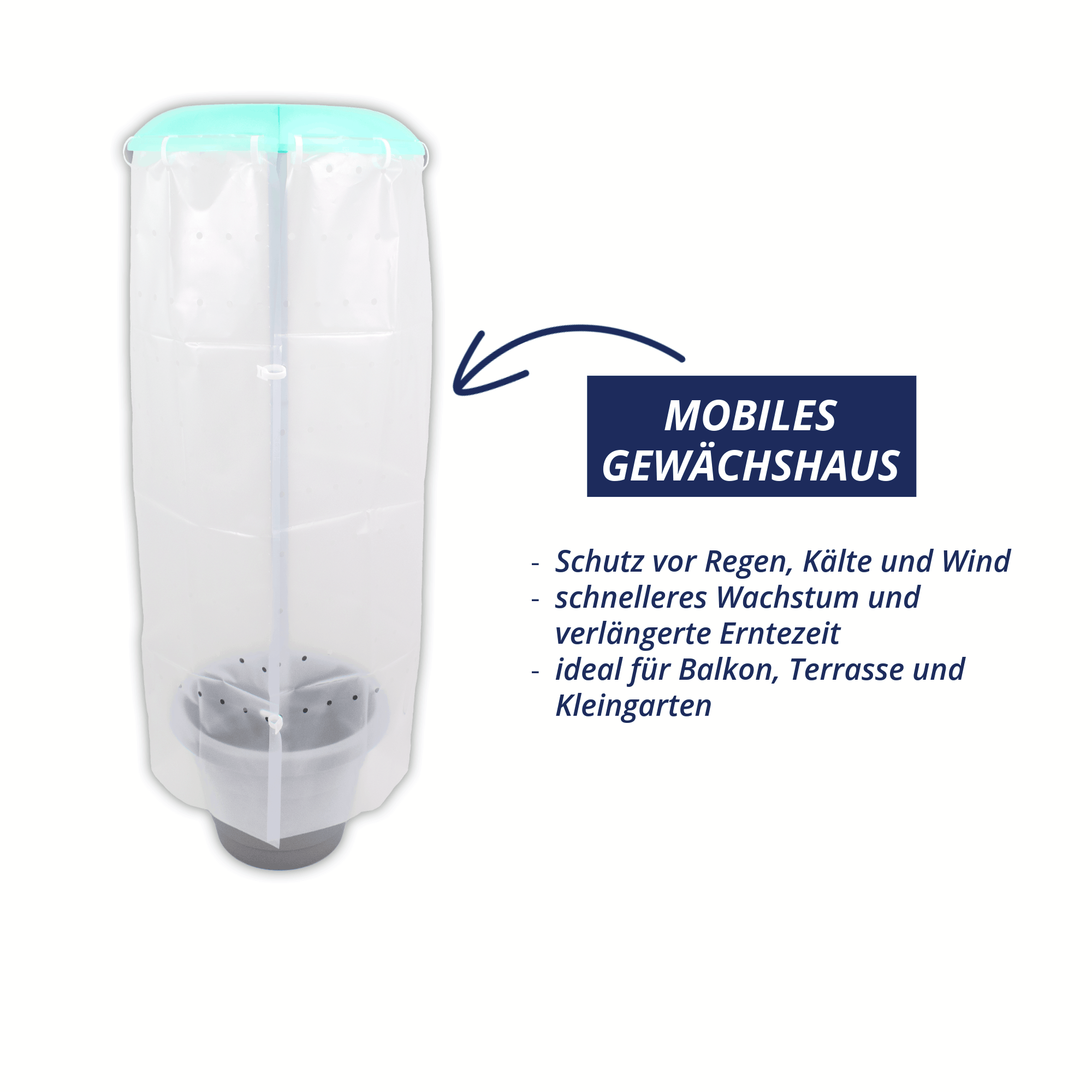 Tomatenhut mit Pflanztopf und transparenter Schutzhülle, dargestellt als mobiles Gewächshaus zum Schutz von Pflanzen vor Regen, Kälte und Wind.