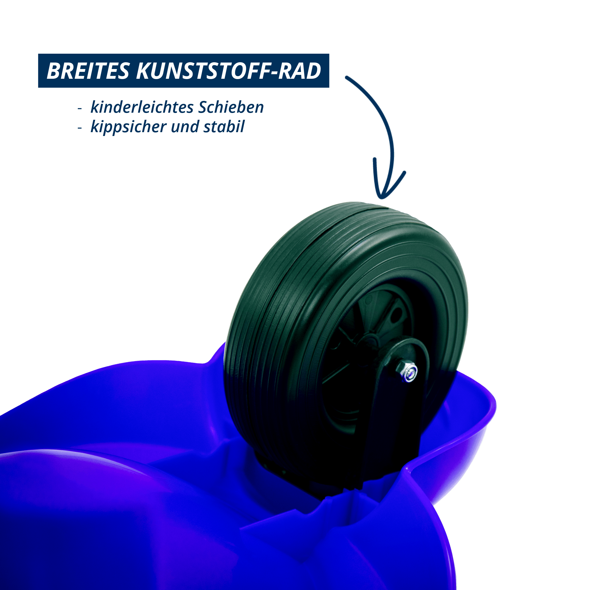 Detail des breiten Kunststoffrades der blauen Kinderschubkarre Rolling Bee.