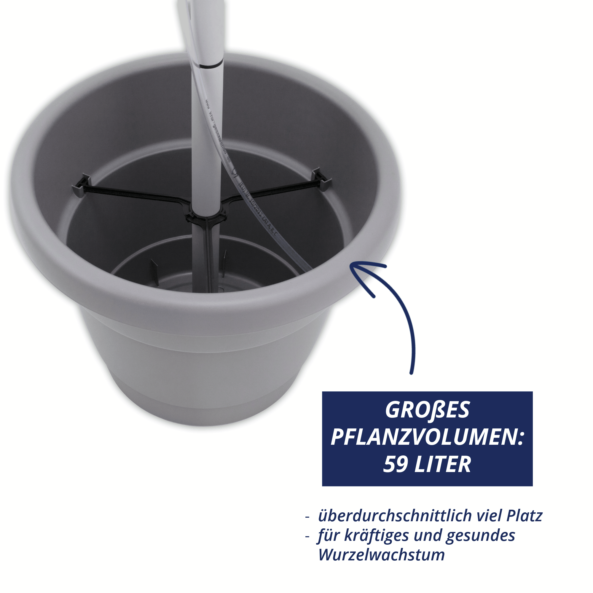 Großer Pflanztopf für Tomatenhut mit integriertem Stabhalter, Produktgrafik mit Hinweis auf 59 Liter Pflanzvolumen für kräftiges Wurzelwachstum.
