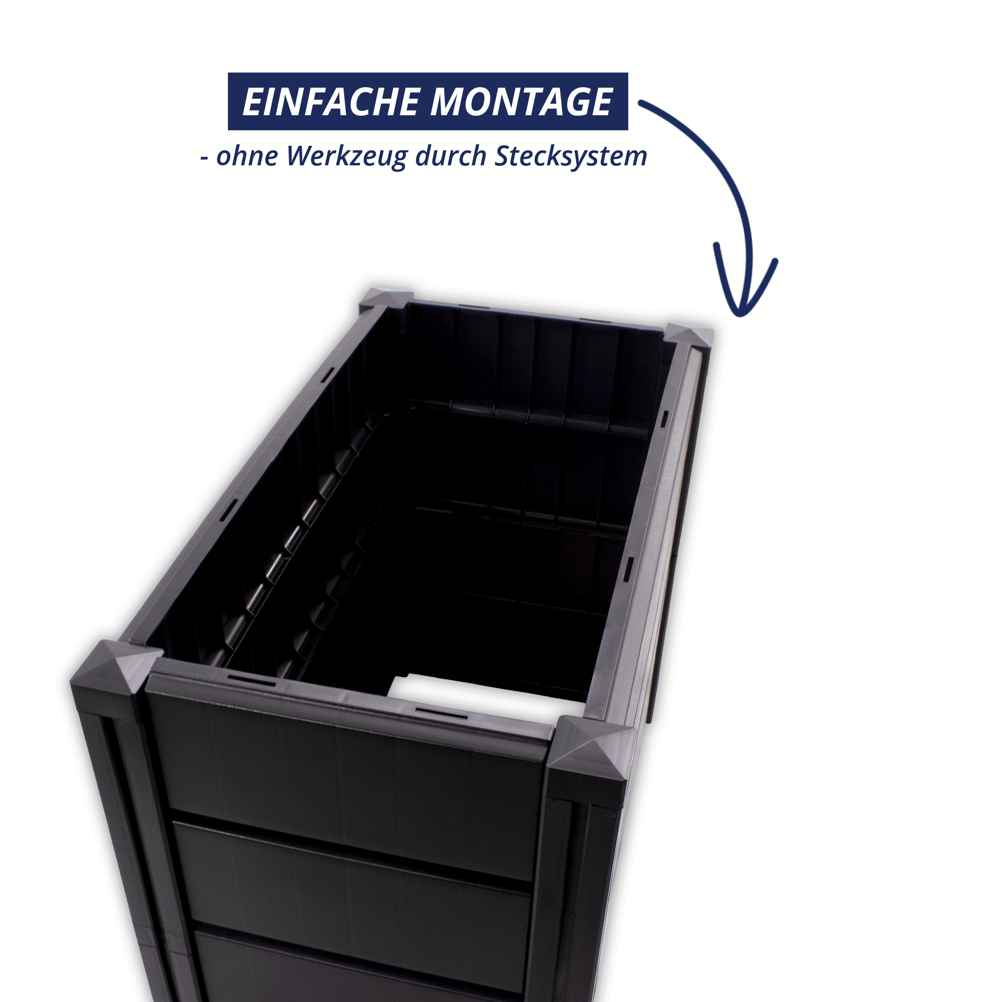 Hochbeet Demeter M schmal mit Blick ins Innere; Hinweis auf einfache Montage ohne Werkzeug durch praktisches Stecksystem.