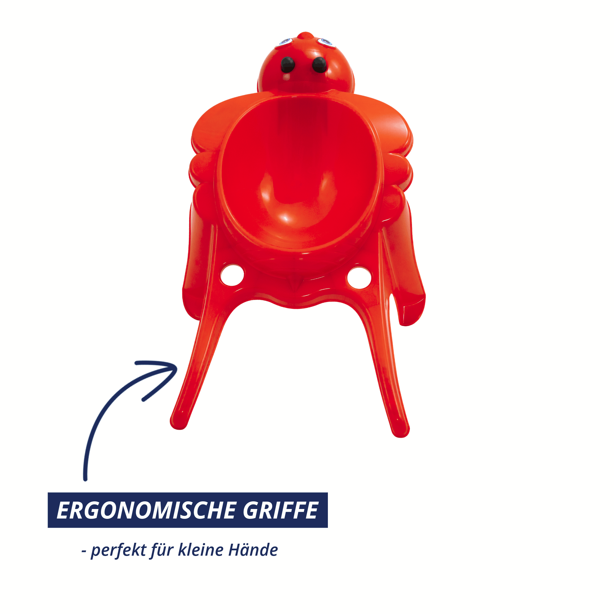 Ergonomische Griffe der orangefarbenen Kinderschubkarre Rolling Bee für kleine Hände.