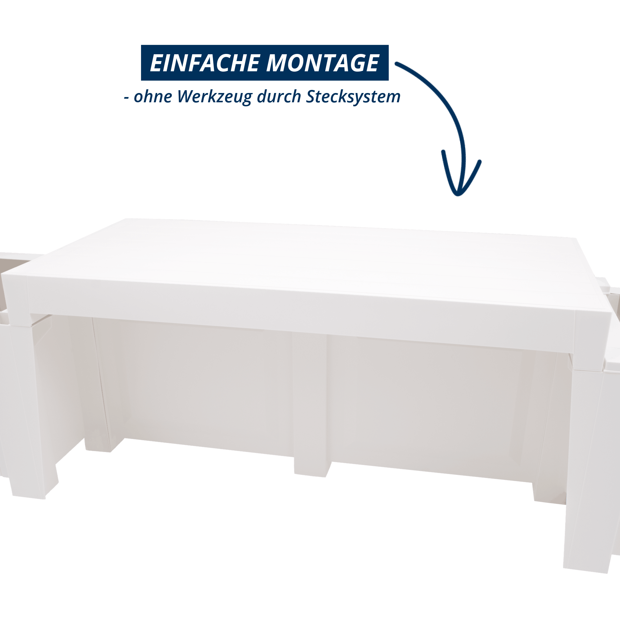 Weiße Gartenbank Berlin während der Montage, Darstellung des Stecksystems ohne Werkzeug.