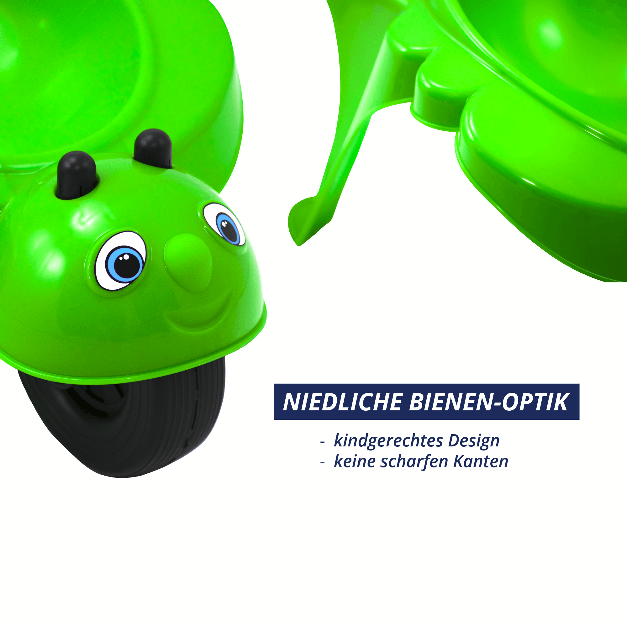 Detail der apfelgrünen Kinderschubkarre Rolling Bee mit Bienen-Design und abgerundeten Formen.