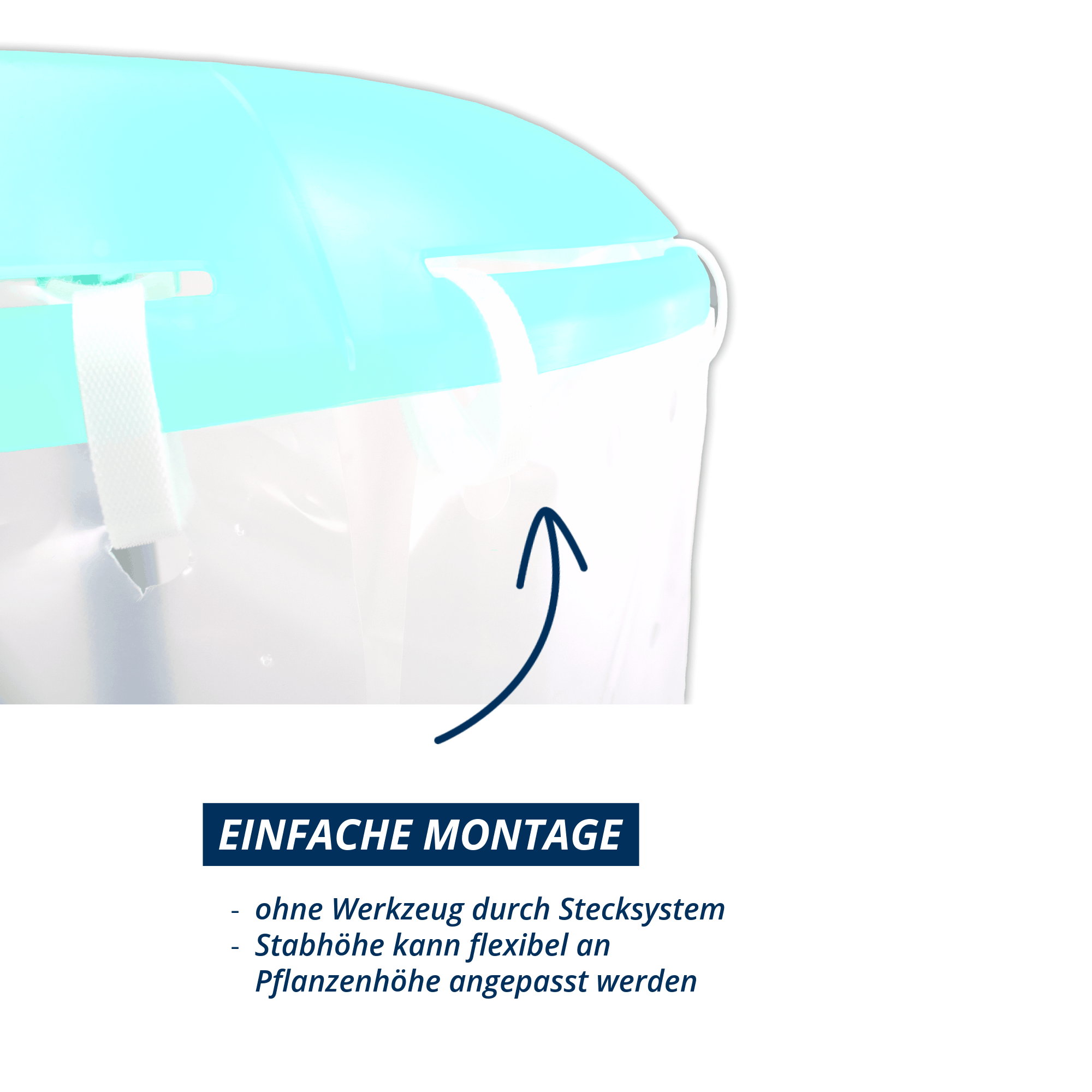 Detailansicht des Tomatenhuts mit Befestigungssystem, einfache Montage ohne Werkzeug durch Stecksystem, Stabhöhe flexibel an Pflanzenwachstum anpassbar.