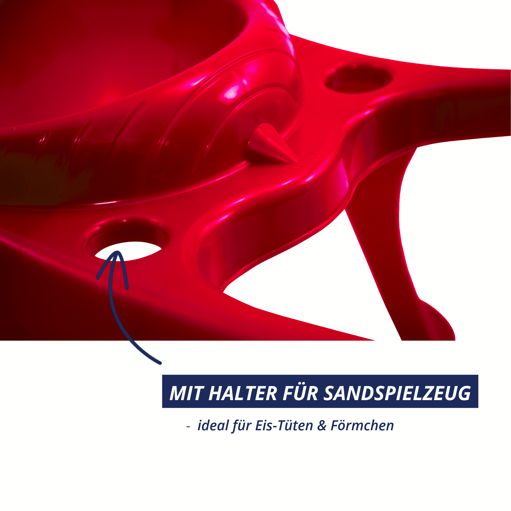 Halterung für Sandspielzeug an der roten Kinderschubkarre Rolling Bee.