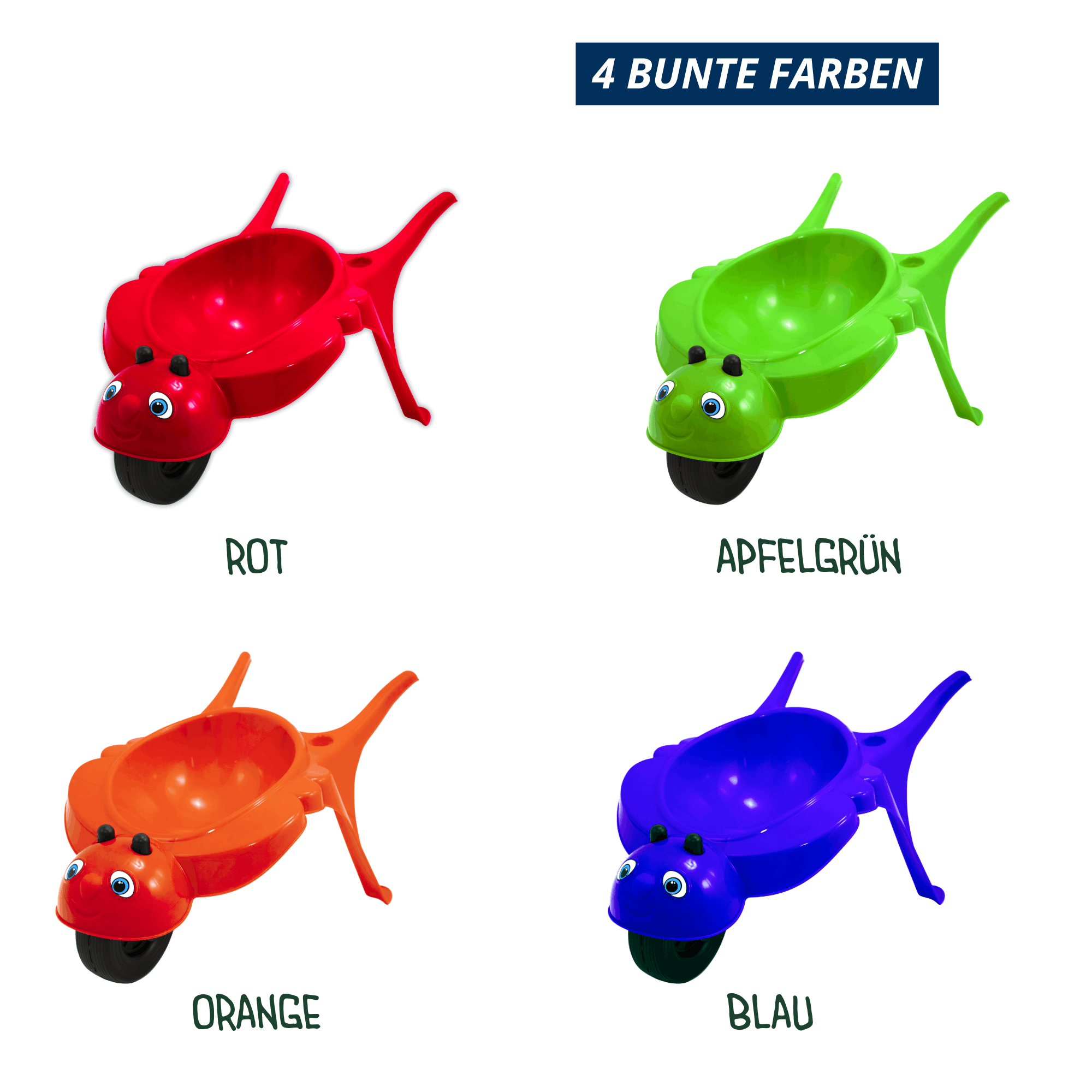 Kinderschubkarre Rolling Bee in vier Farben: Rot, Apfelgrün, Orange und Blau.