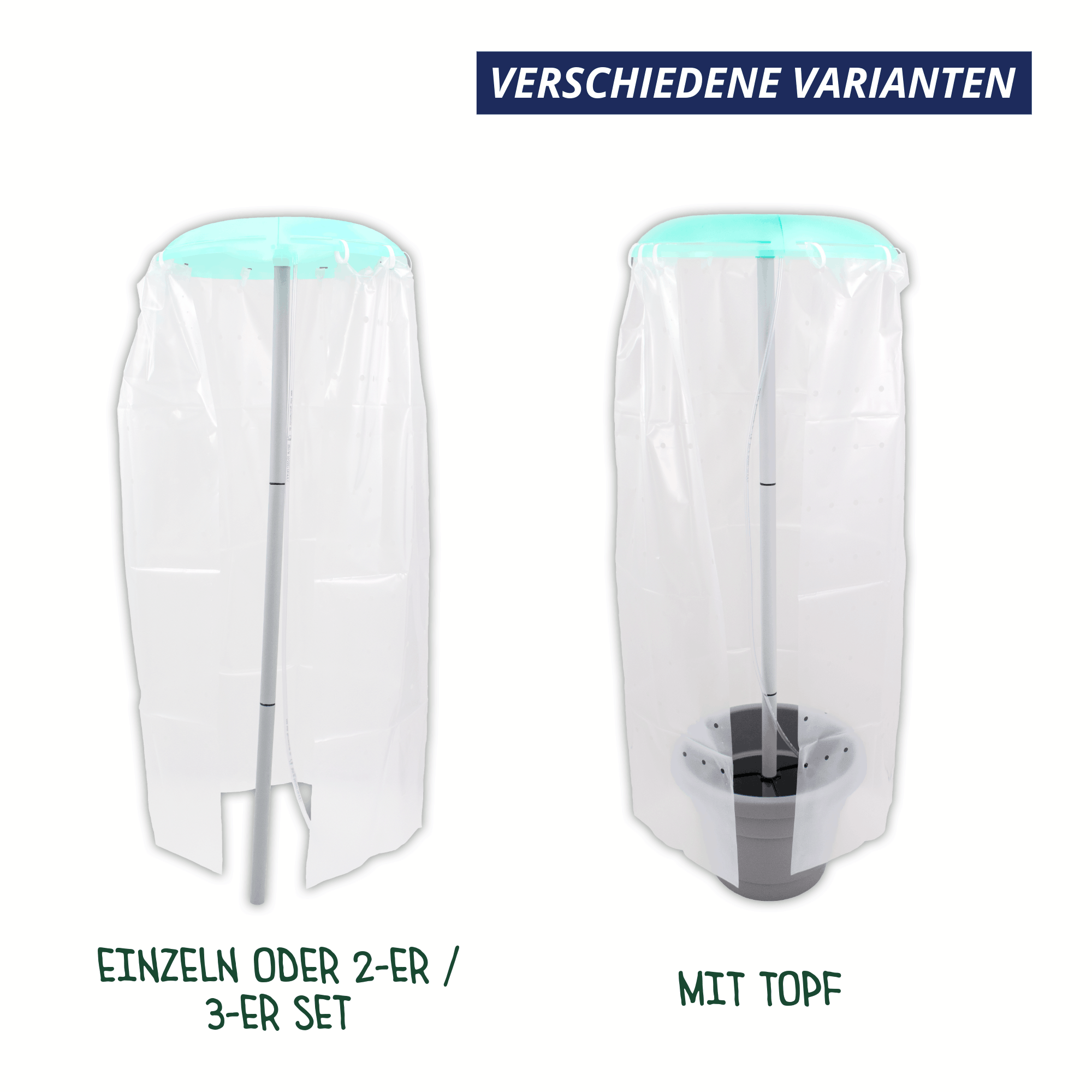 Tomatenhut in verschiedenen Varianten, einzeln oder als Set sowie Version mit Pflanztopf, Produktübersicht.