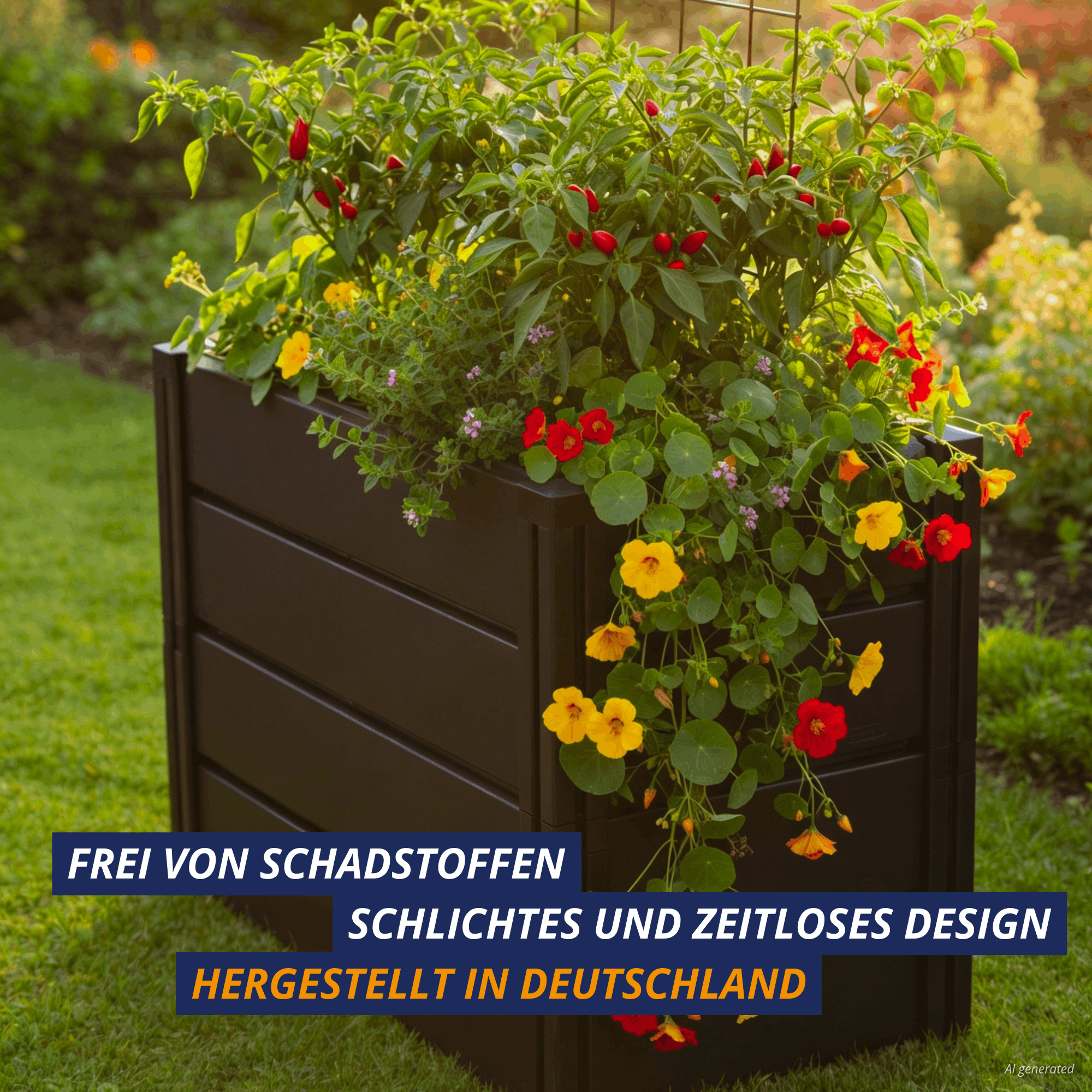 Hochbeet Demeter M schmal aus anthrazitfarbenem Kunststoff im Garten, bepflanzt mit Kräutern, Chili und bunten Blüten; Hinweise: frei von Schadstoffen, schlichtes zeitloses Design, hergestellt in Deutschland.