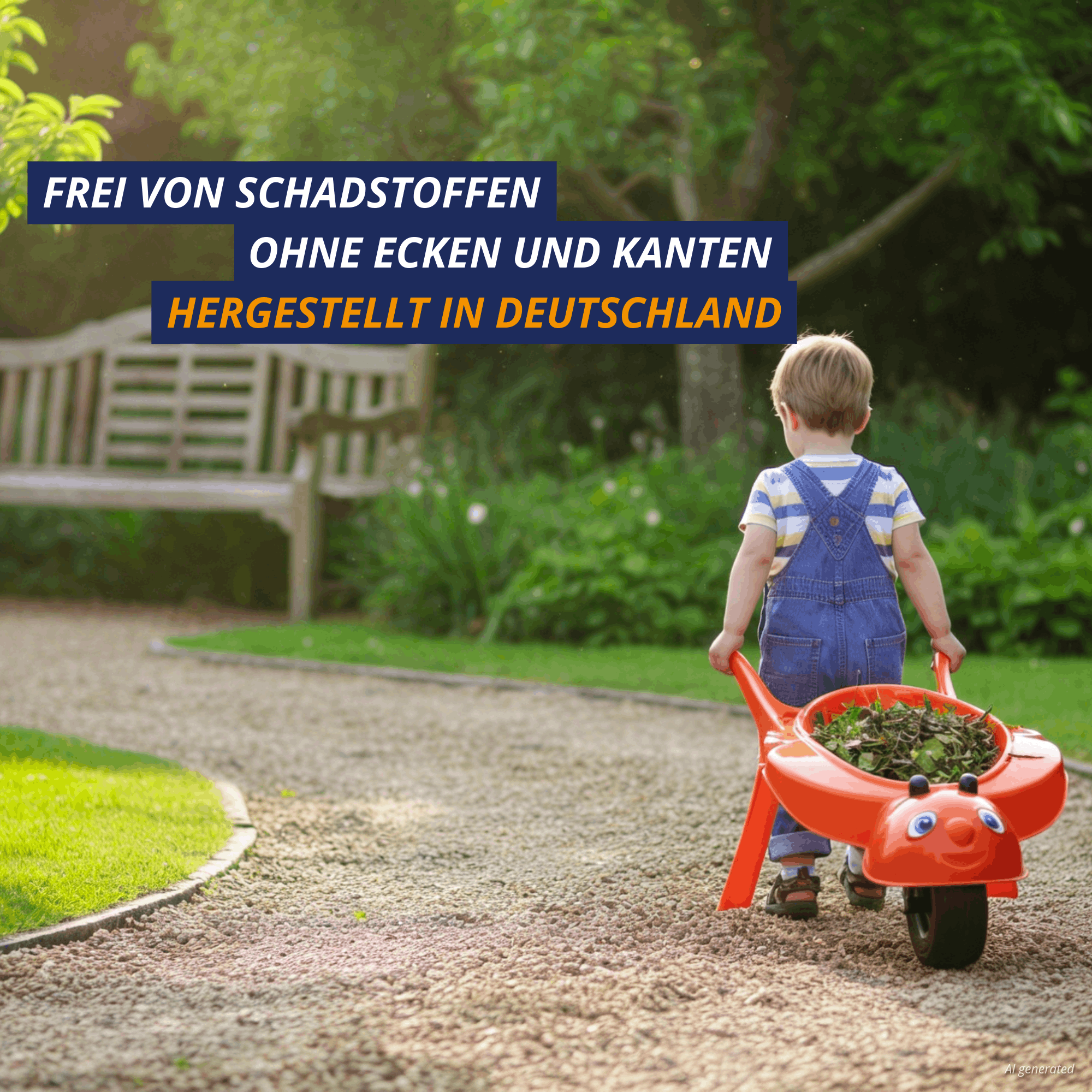 Kind mit orangefarbener Kinderschubkarre Rolling Bee im Garten, hergestellt in Deutschland, schadstofffrei.