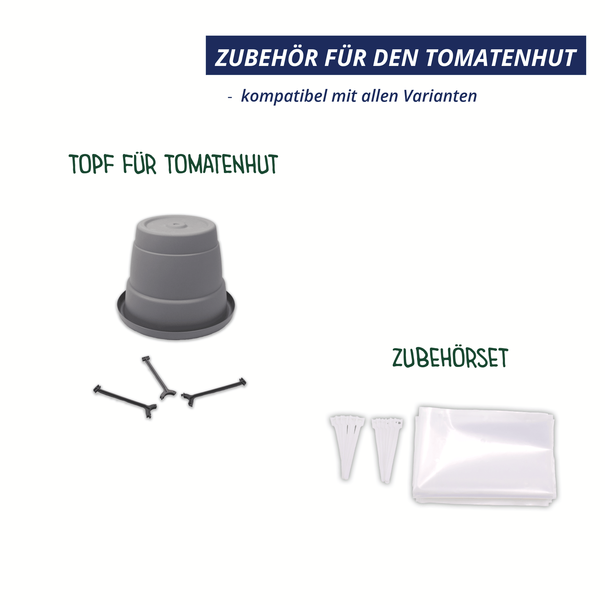 Zubehör für Tomatenhut mit Pflanztopf, bestehend aus Topf, Halterungen und Folien-Set, kompatibel mit allen Varianten.