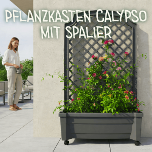 Anthrazitfarbener KHW Calypso Pflanzkasten mit Spalier an Hauswand, bepflanzt mit bunten Blumen, fahrbar mit Rollen und integriertem Wasserspeicher.