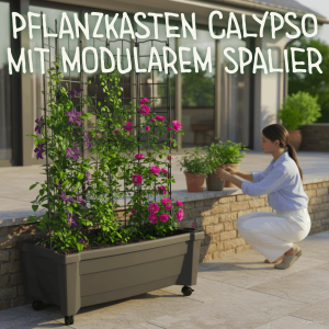 KHW Calypso Pflanzkasten mit modularem Spalier in Anthrazit, bepflanzt mit rosa und violetten Blumen vor moderner Terrasse, ideal als Sichtschutz und Rankhilfe.
