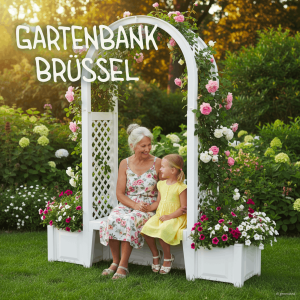 Gartenbank Brüssel im Garten aufgebaut: Weiße Gartenbank mit integriertem Rosenbogen und zwei bepflanzten Pflanzkästen. Eine ältere Frau und ein Kind sitzen auf der Bank in blühender Gartenumgebung.
