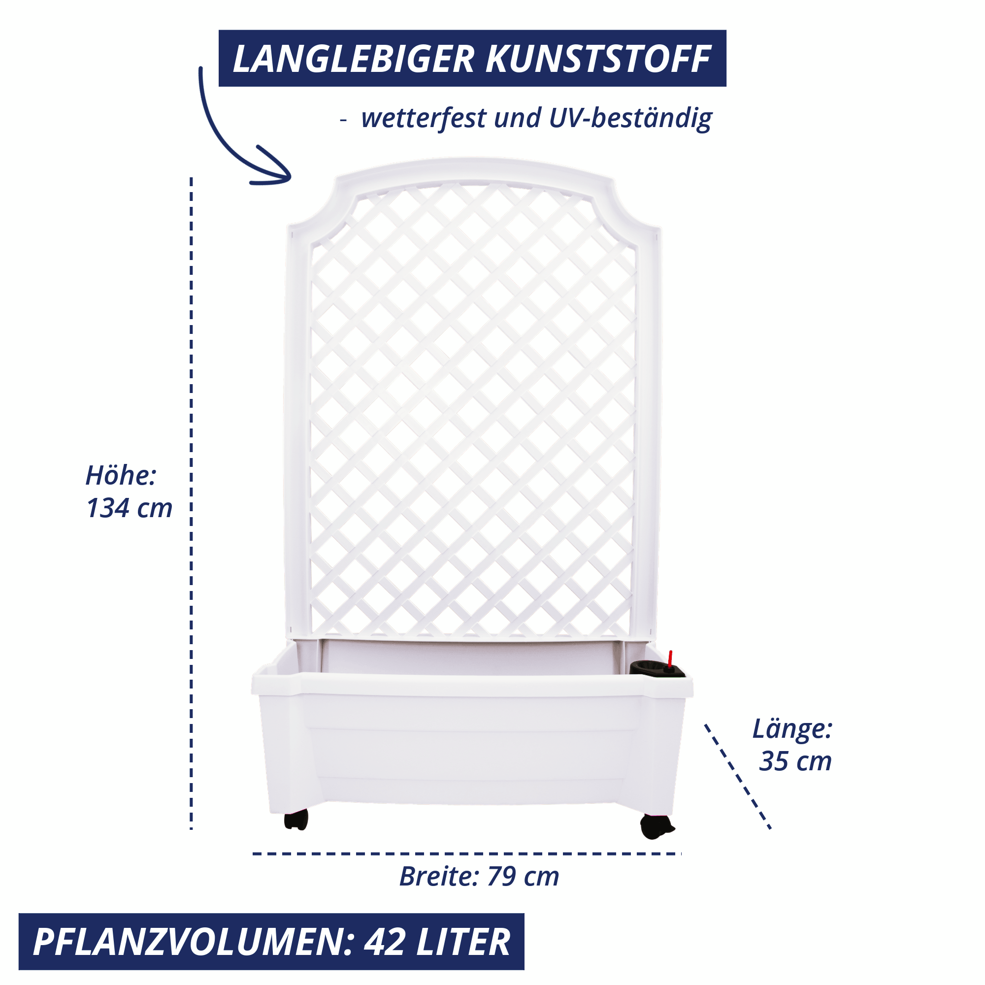 Weißer KHW Calypso Pflanzkasten mit Spalier freigestellt, Maße 79 x 35 x 134 cm, 42 Liter Pflanzvolumen, wetterfester Kunststoff mit Rollen.