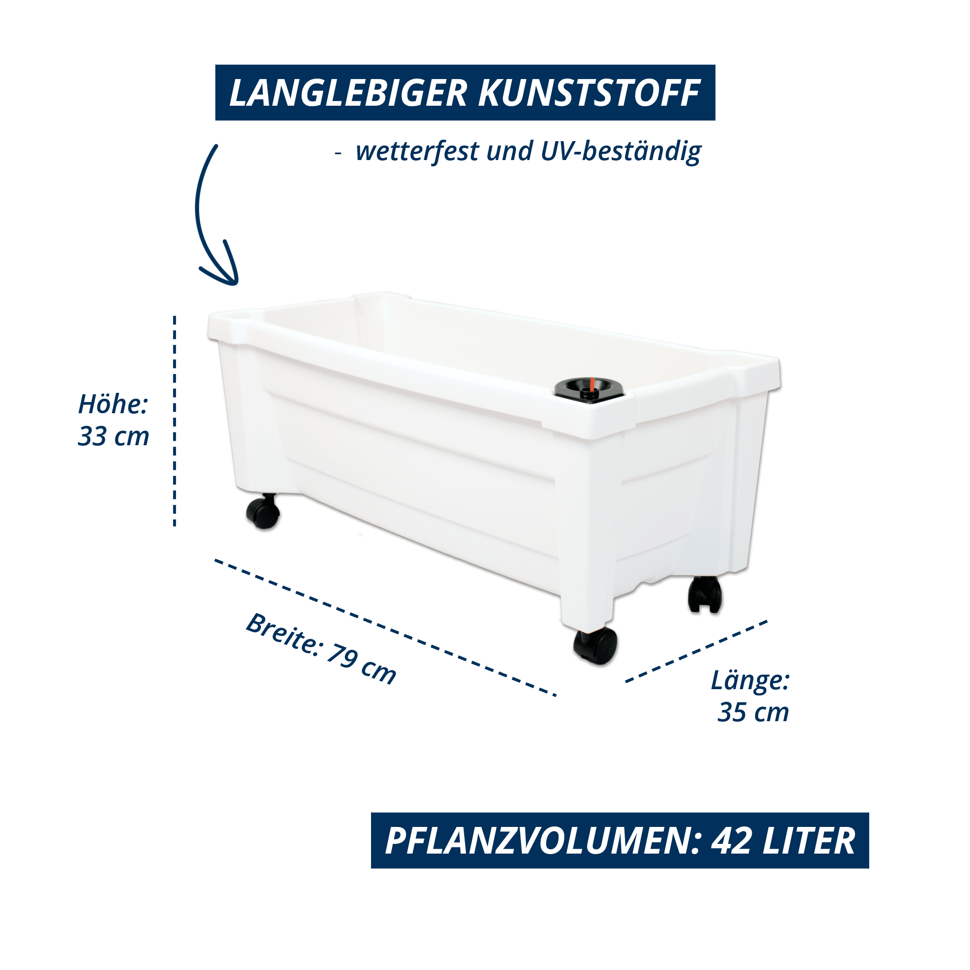 Weißer Pflanzkasten Calypso freigestellt mit Maßangaben. Maße: Höhe 33 cm, Breite 79 cm, Länge 35 cm, Pflanzvolumen 42 Liter. Hinweis: langlebiger Kunststoff, wetterfest und UV-beständig.