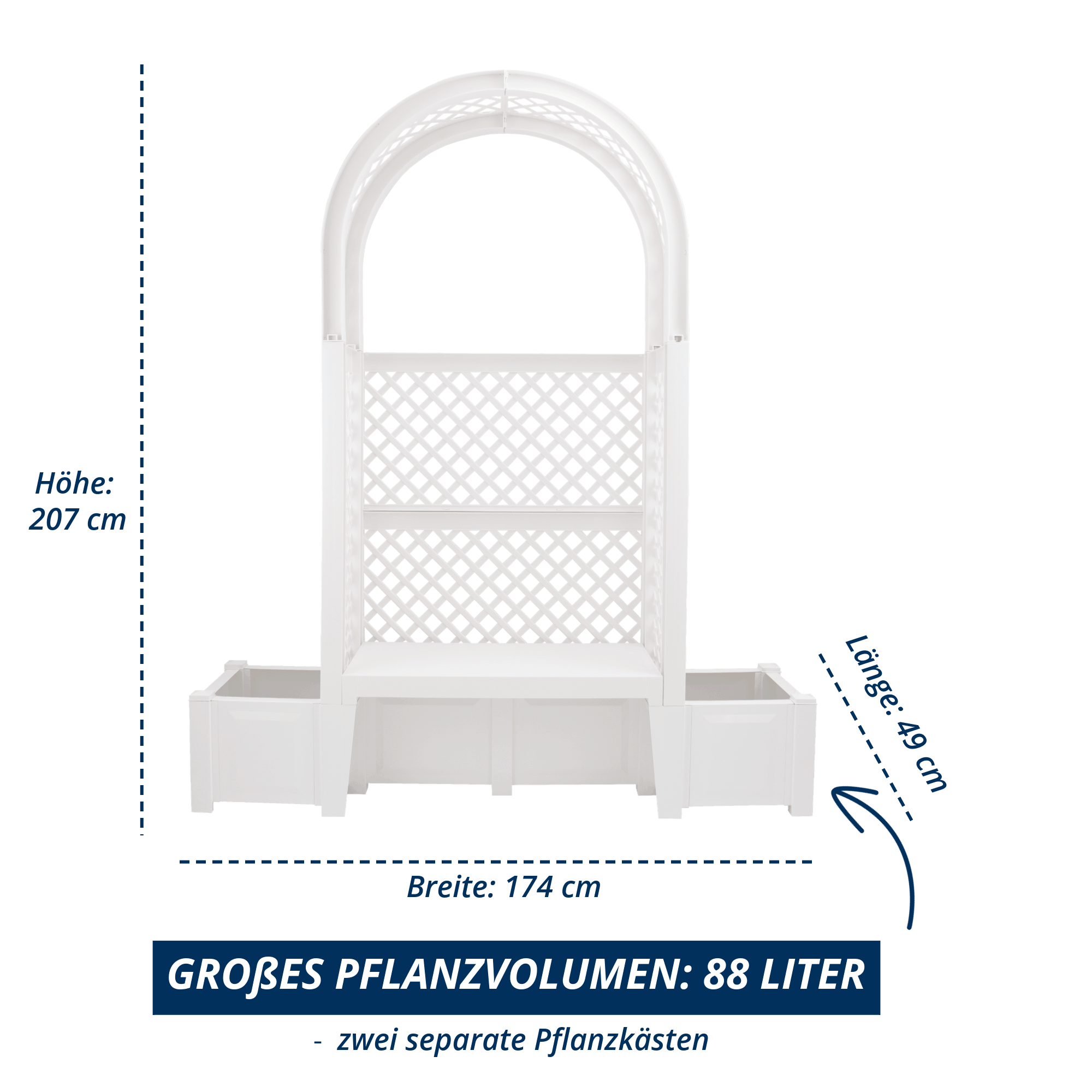 Maßgrafik der weißen Gartenbank Amsterdam mit Angaben: Höhe 207 cm, Breite 174 cm, Länge 49 cm sowie Pflanzvolumen 152 Liter in zwei separaten Pflanzkästen.