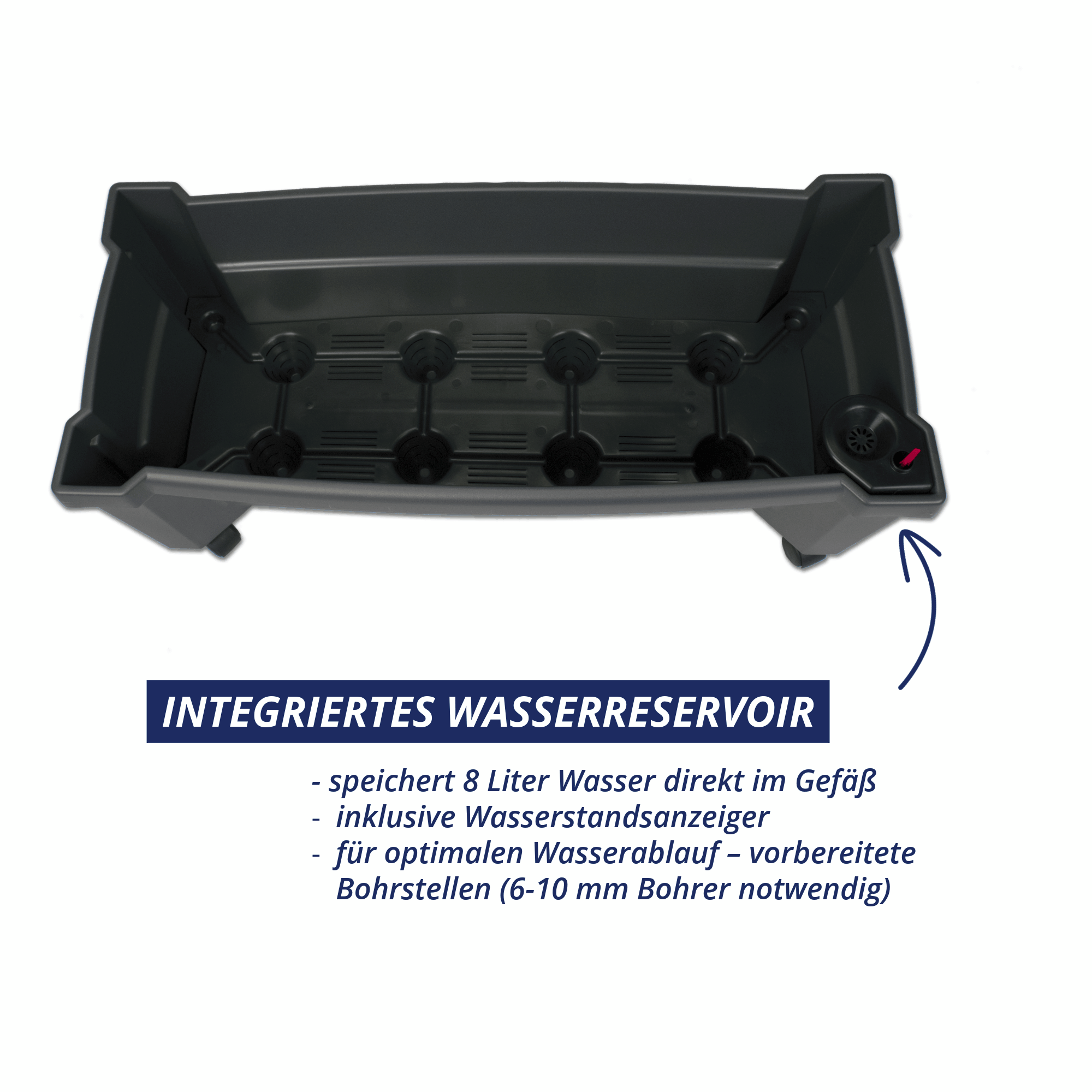 Innenansicht des anthrazitfarbenen KHW Calypso Pflanzkastens mit integriertem 8 Liter Wasserspeicher, Wasserstandsanzeige und vorbereitetem Wasserablauf.