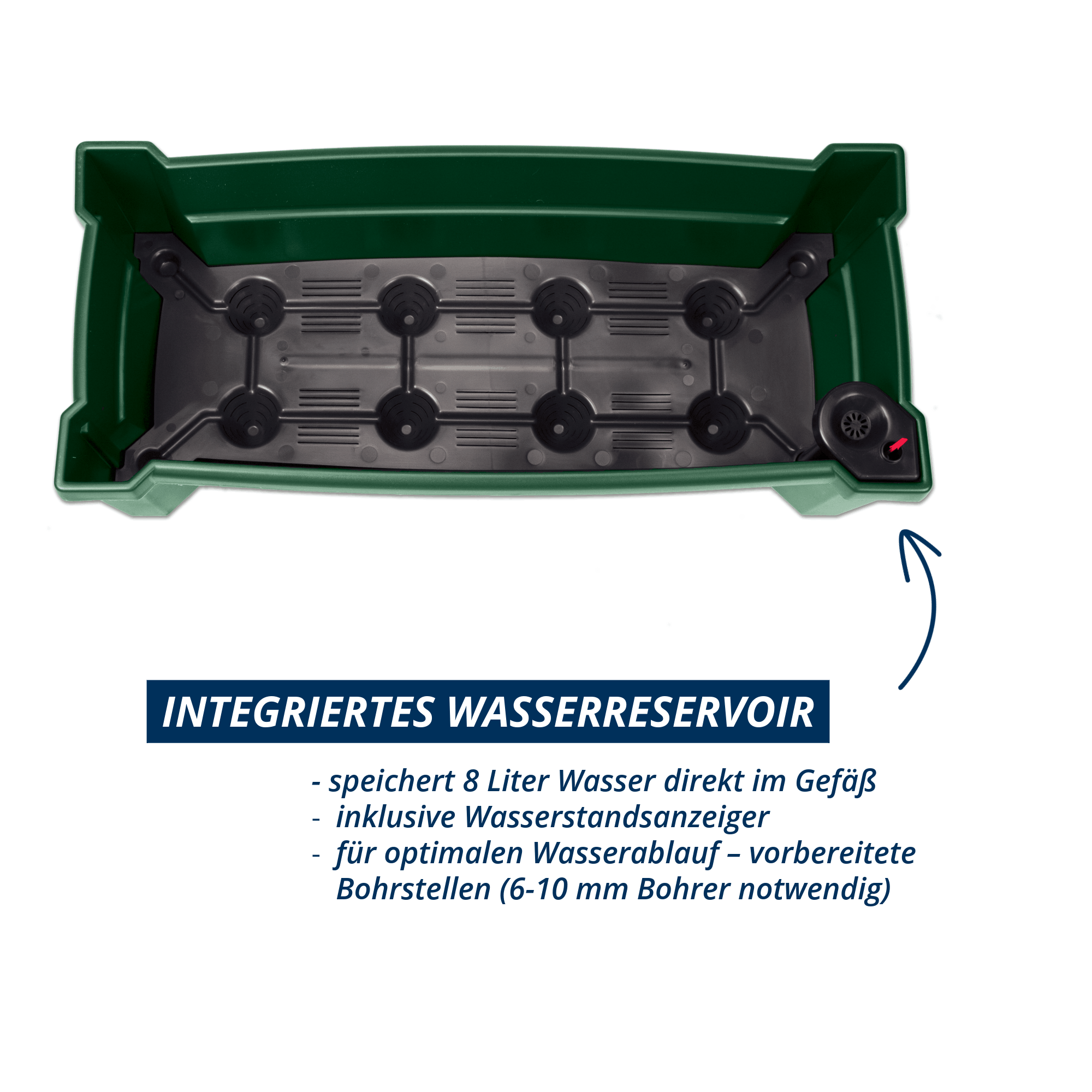 Draufsicht auf grünen Pflanzkasten Calypso mit integriertem Wasserreservoir. Text im Bild: speichert 8 Liter Wasser, inklusive Wasserstandsanzeiger, vorbereitete Bohrstellen für Wasserablauf.