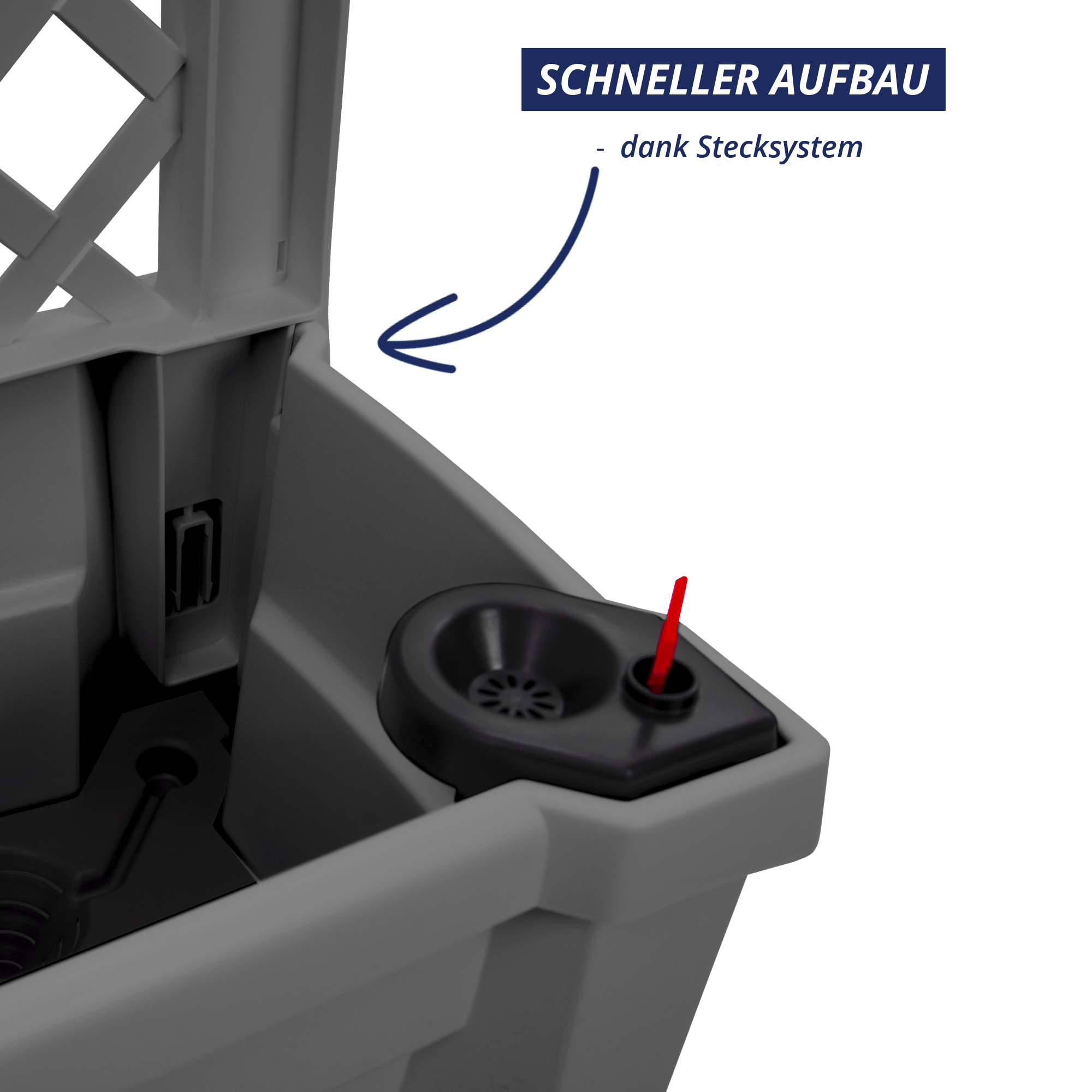 Detailaufnahme des grauen KHW Calypso Pflanzkastens mit Stecksystem für schnellen Aufbau, Wasserspeicher und Wasserstandsanzeige.