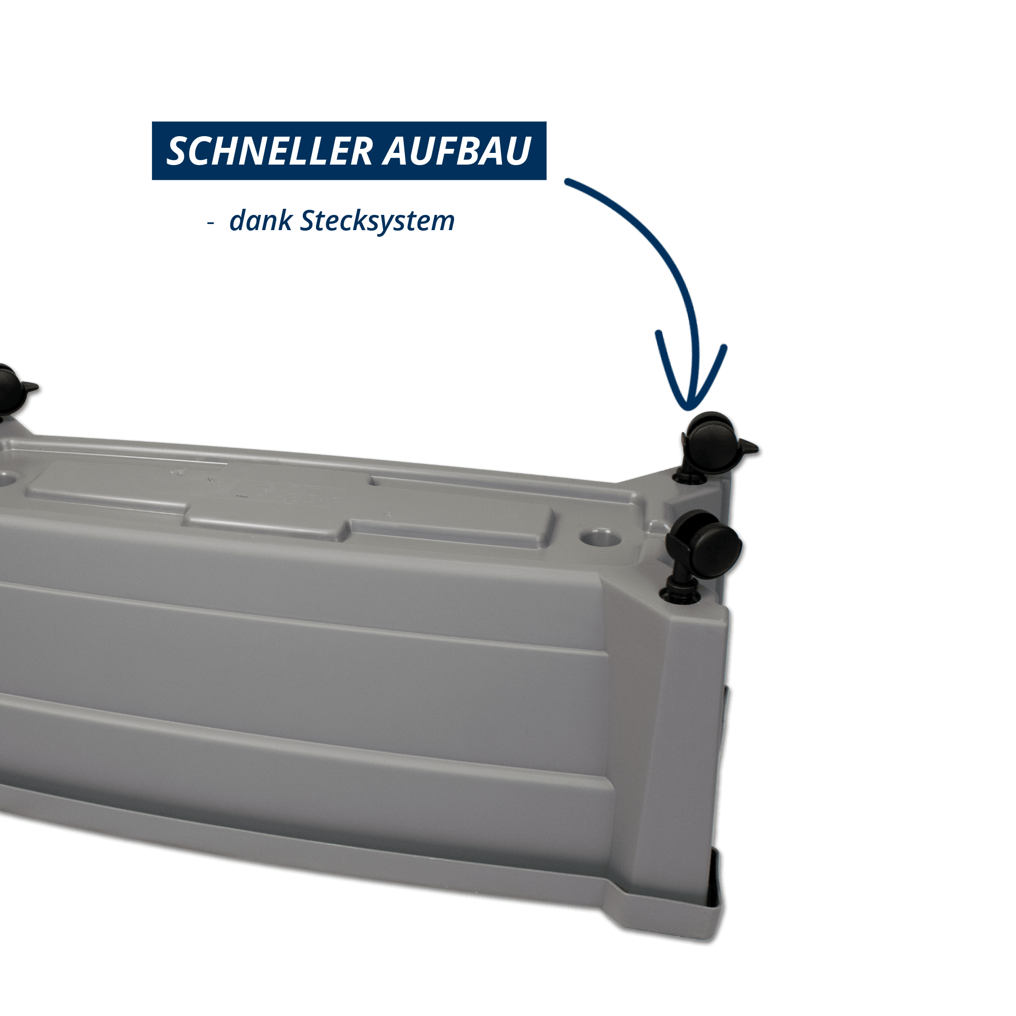 Unterseite eines grauen Pflanzkastens Calypso mit Stecksystem und montierten Rollen. Text im Bild: „Schneller Aufbau – dank Stecksystem“.